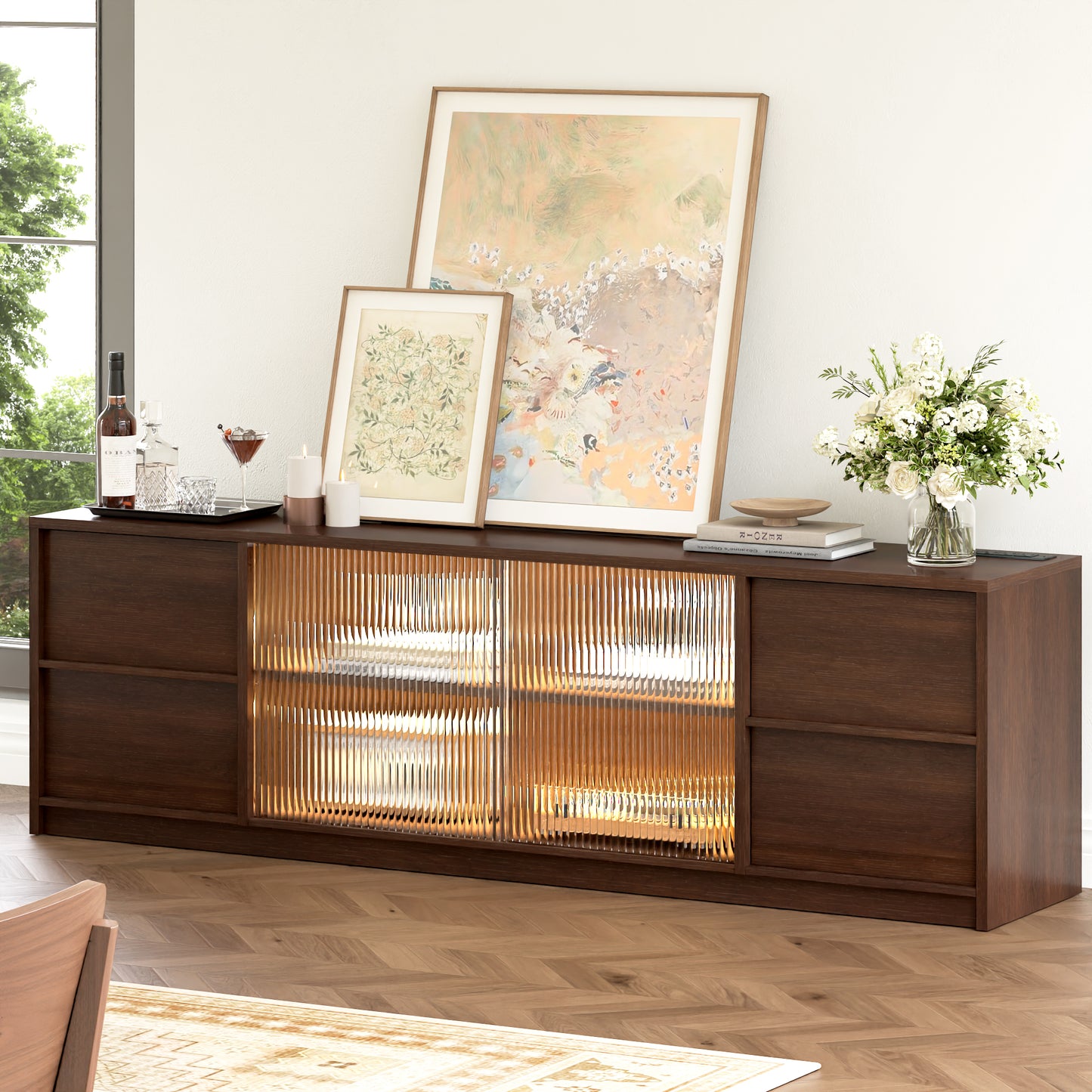 GUNAITO TV Stand for TVs up to 75", Big TV Stand for Living Room with 4 Drawers and LED Lights, Entertainment Center with Storage, Walnut