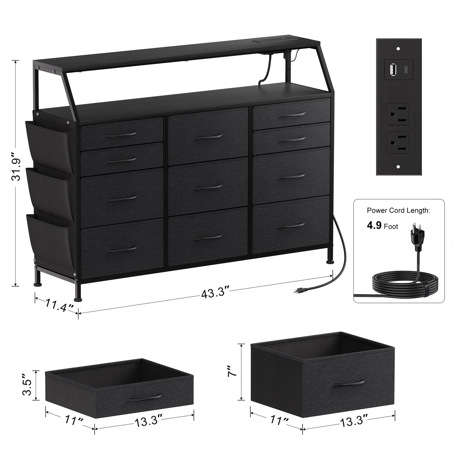 GUNAITO Dresser for Bedroom Black Fabric Dresser with 11 Drawers Long Dressers & Chests of Drawers for , Living Room,Entryway
