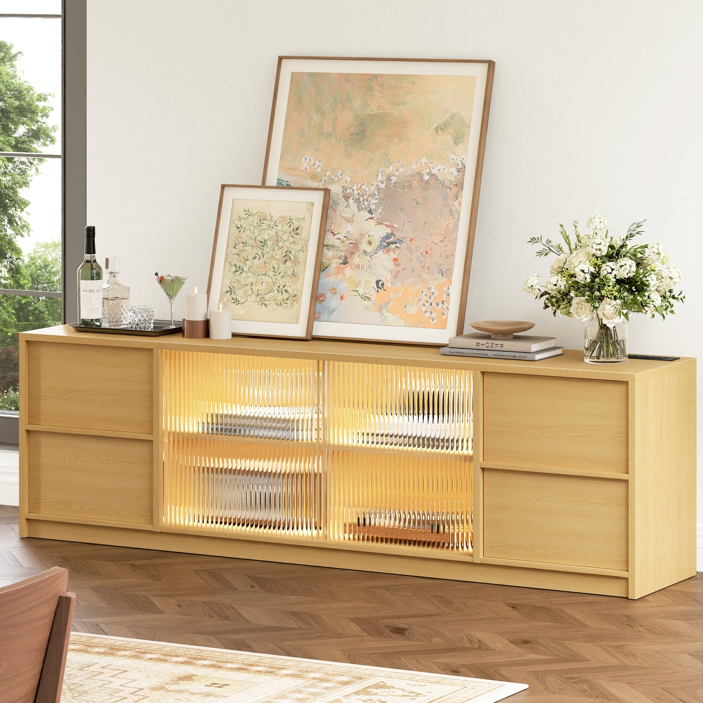 GUNAITO TV Stand for TVs up to 75", Big TV Stand for Living Room with 4 Drawers and LED Lights, Entertainment Center with Storage, Natural