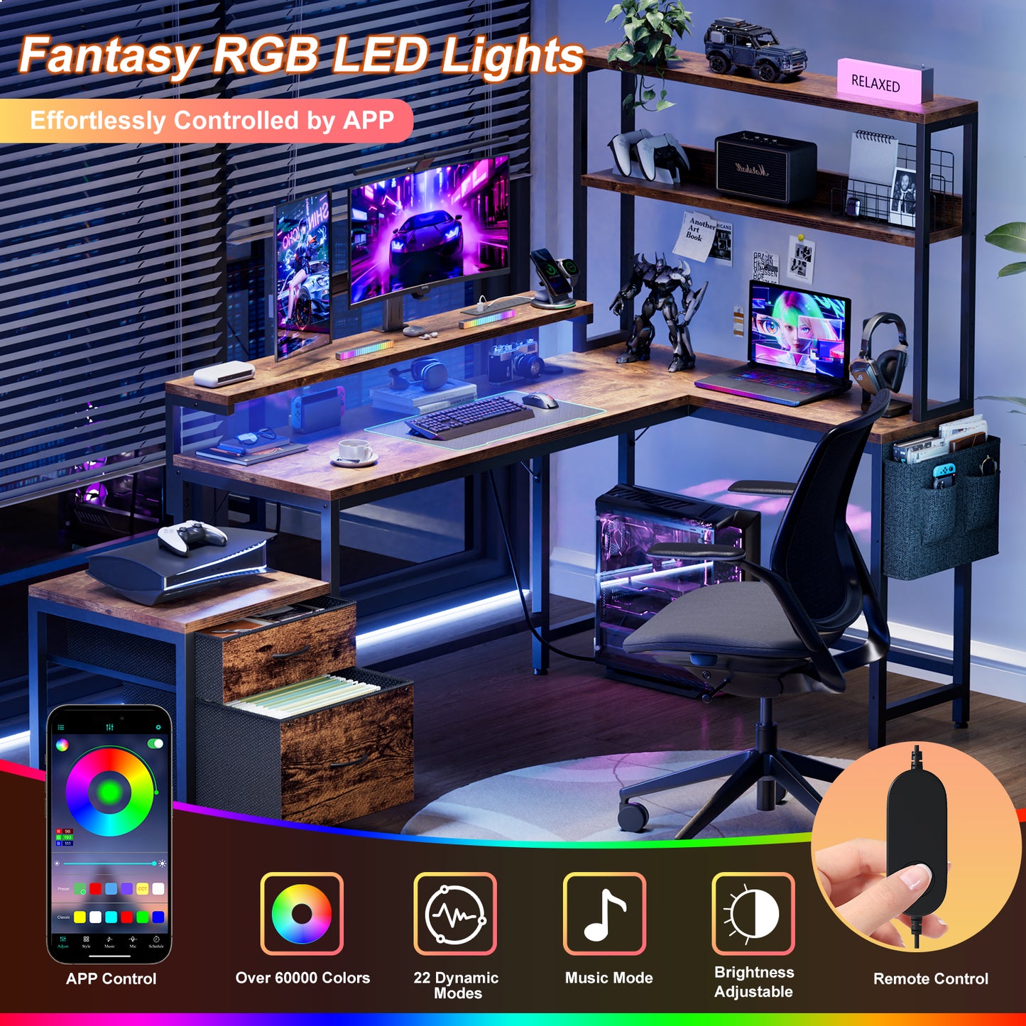 GUNAITO L Shaped Gaming Desk with CPU Stand, 71" Corner Computer Desk,Reversible Office Desk with File Drawers Cabinet,3-Tier Shelf,Rustic Brown