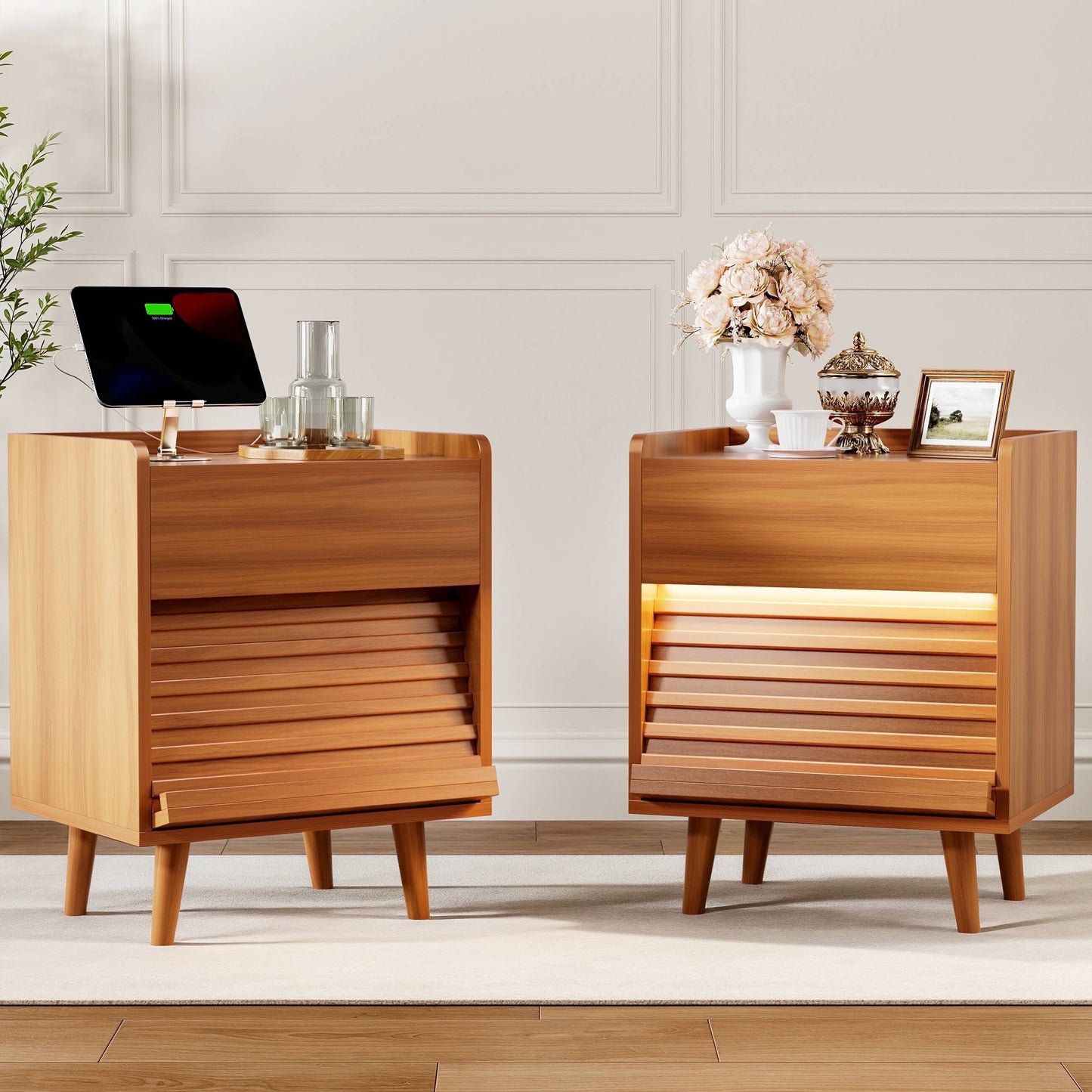 GUNAITO Nightstand with Charging Station Bedside Table with LED Light Wood Nightstand with Drawers End Table for Small Space Caramel 2pcs