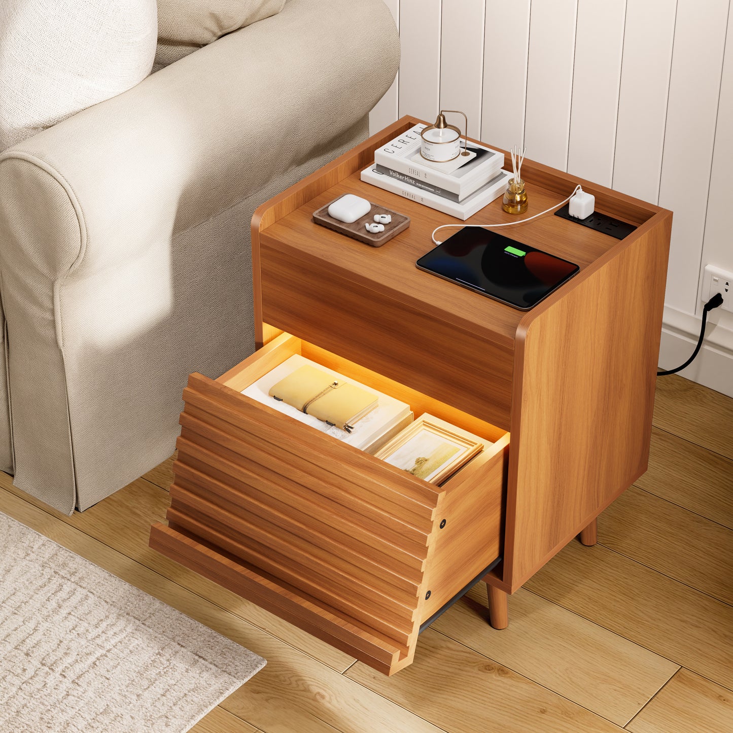 GUNAITO Nightstand set of 2 with Charging Station Bedside Table with LED Light Wood Nightstand with Wave Texture Drawers End Table with USB Ports and Outlets for Small Space Caramel 2pcs