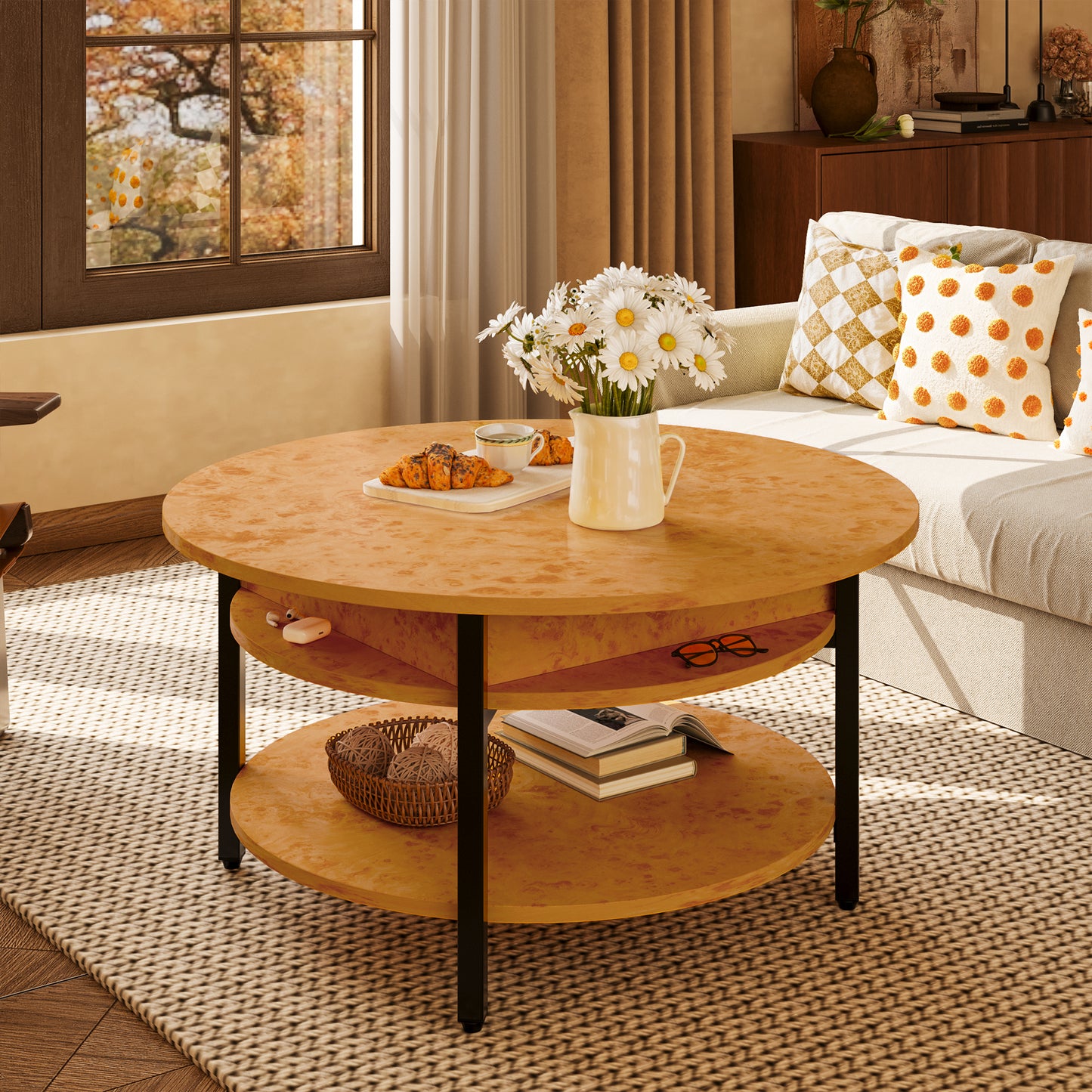 GUNAITO Round Lift Top Small Coffee Table with Storage, Modern Farmhouse Center Table with Shelf 2 Tier Circle Table for Living Room, Natural Burl