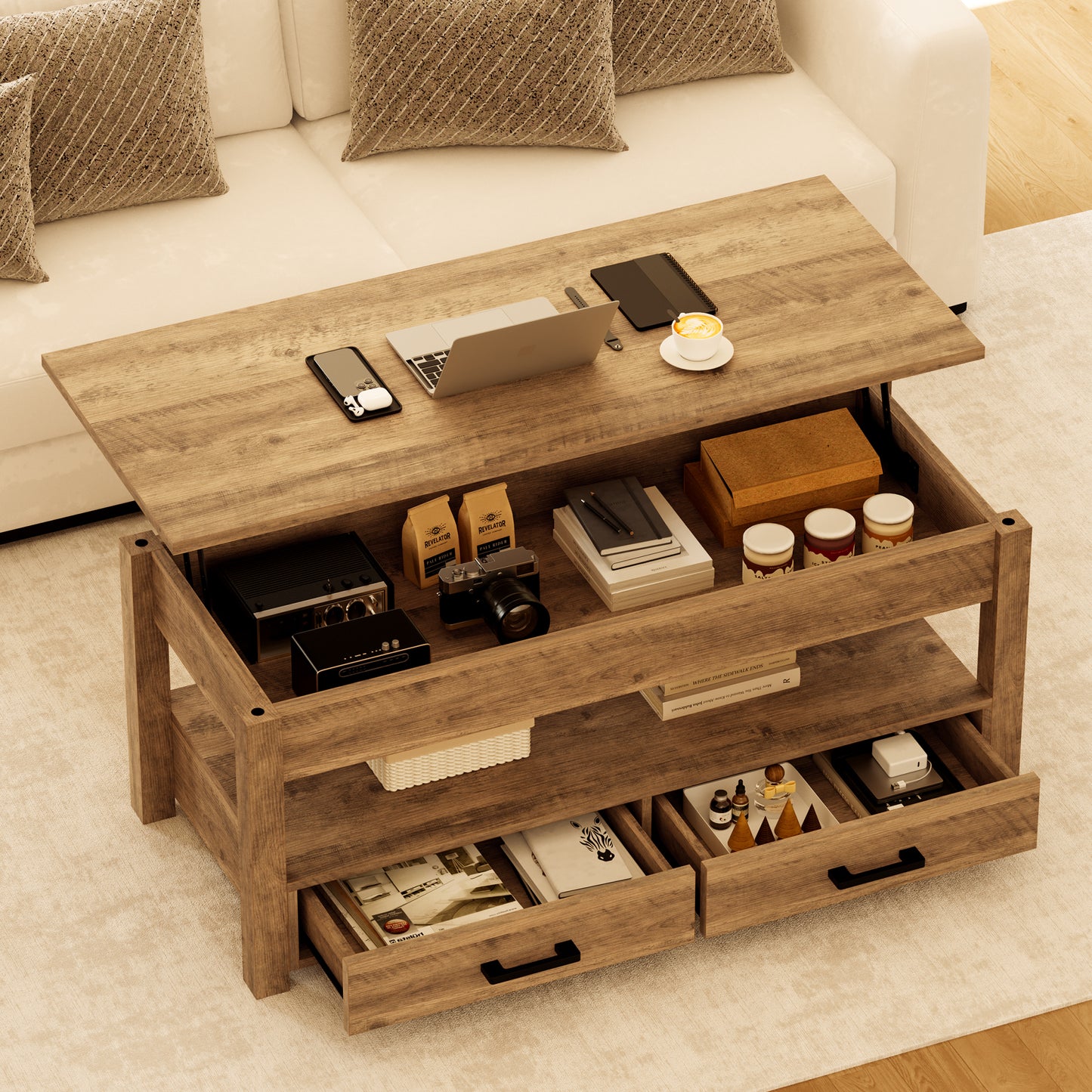 GUNAITO Lift Top Coffee Table with 2 drawers, Light Brown Wooden Convertible Coffee Table with Storage for Living Room, center Table, 42"