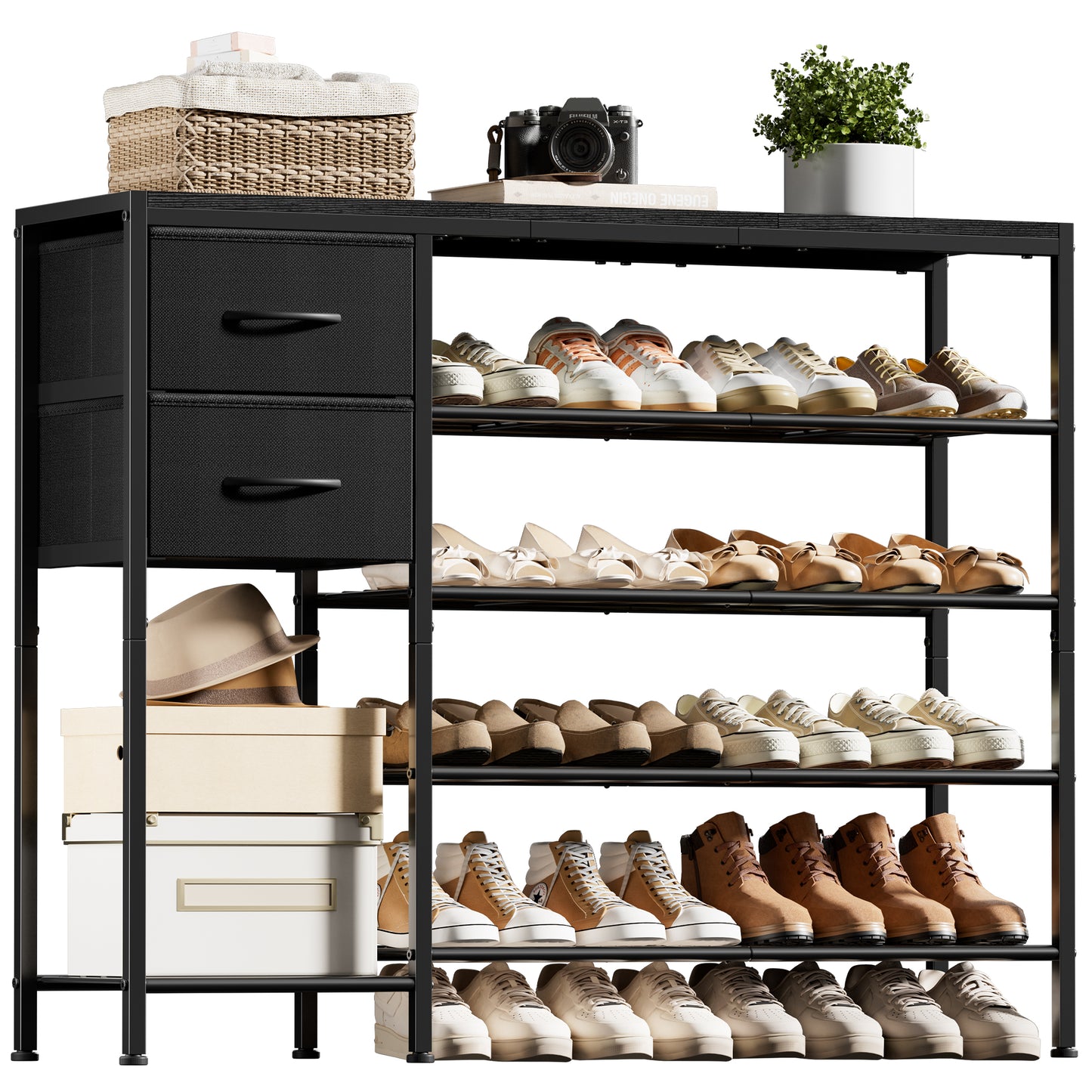 BGTREND 5-Tier Shoe Rack with Wooden Top and 2 Drawers, 16-21Pairs Shoe Storage Organizer with Boots Storage, Shoe Stand for Entryway Hallway Closet (Black)