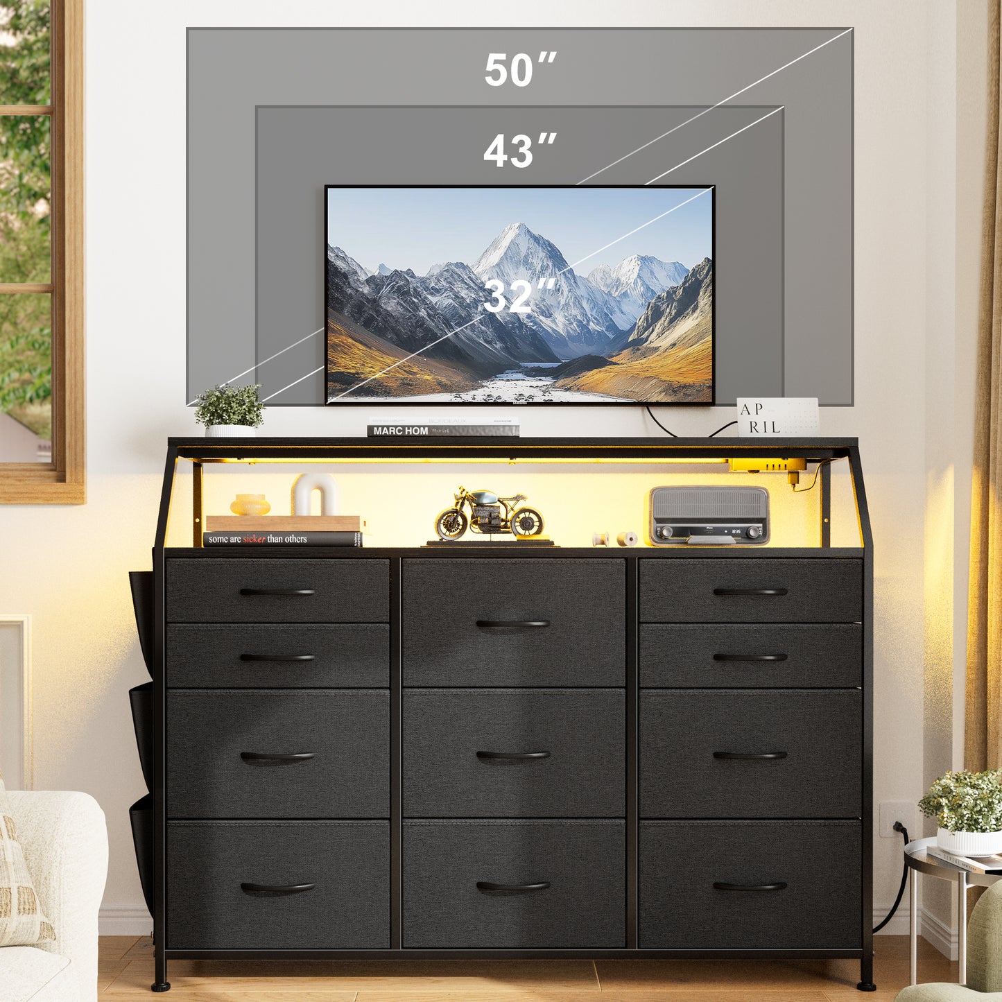 GUNAITO Dresser for Bedroom Black Fabric Dresser with 11 Drawers Long Dressers & Chests of Drawers for , Living Room,Entryway