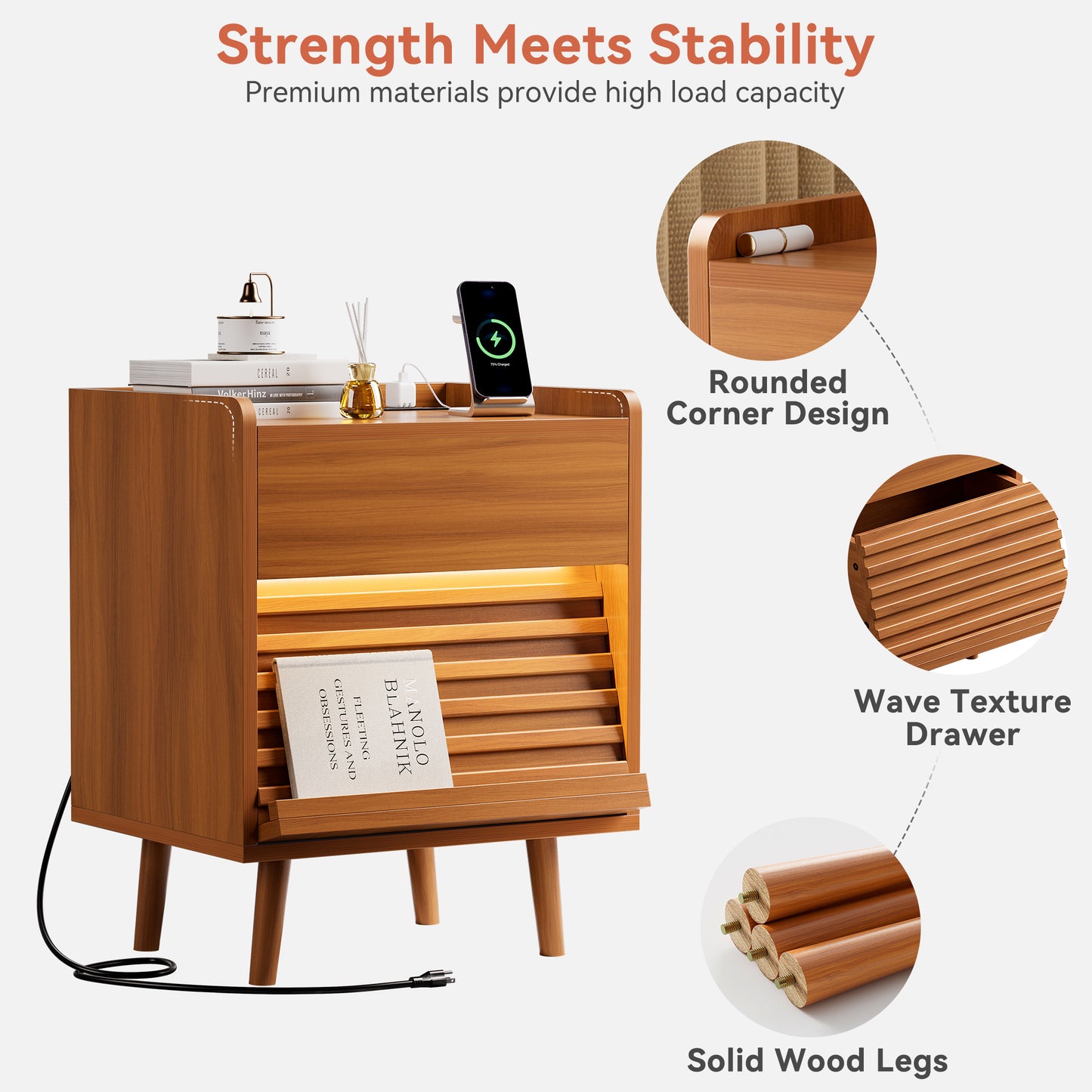 GUNAITO Nightstand set of 2 with Charging Station Bedside Table with LED Light Wood Nightstand with Wave Texture Drawers End Table with USB Ports and Outlets for Small Space Caramel 2pcs