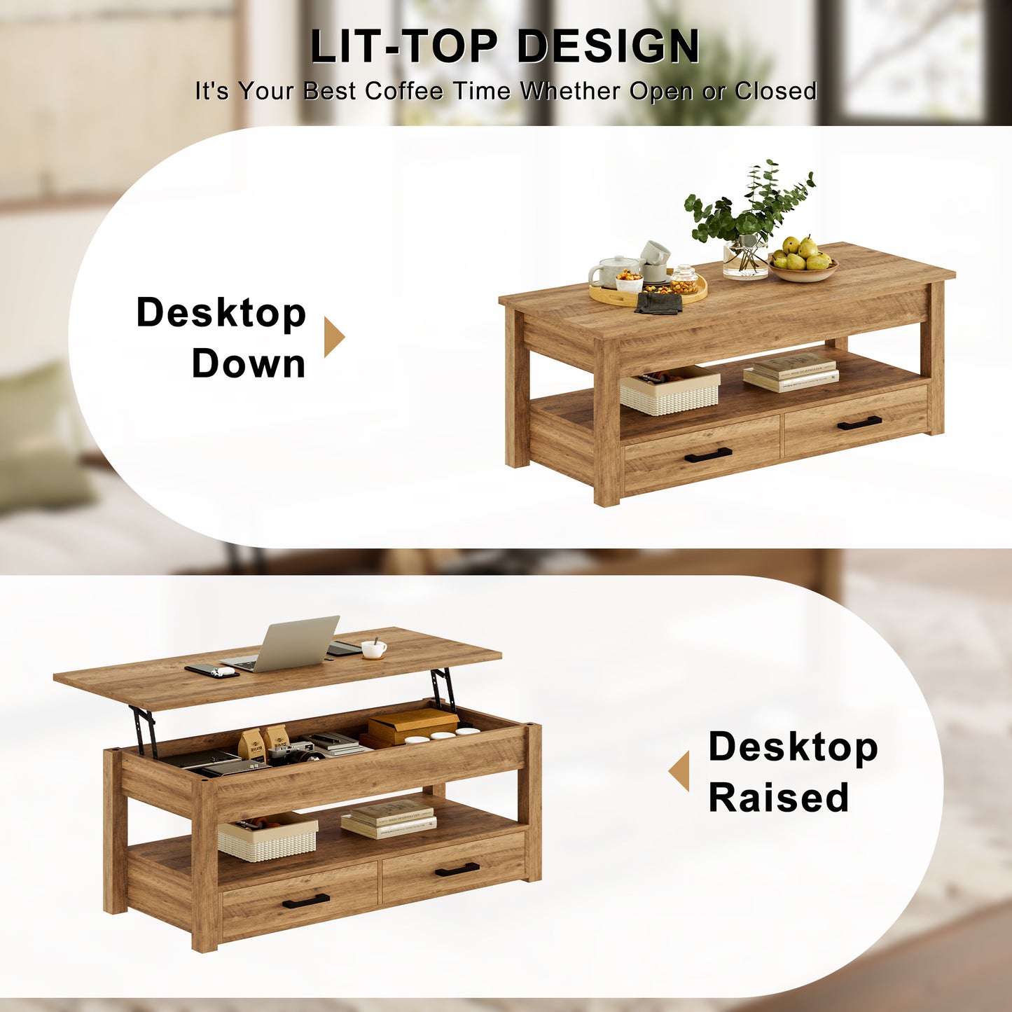 GUNAITO Lift Top Coffee Table with 2 drawers, Light Brown Wooden Convertible Coffee Table with Storage for Living Room, center Table, 42"