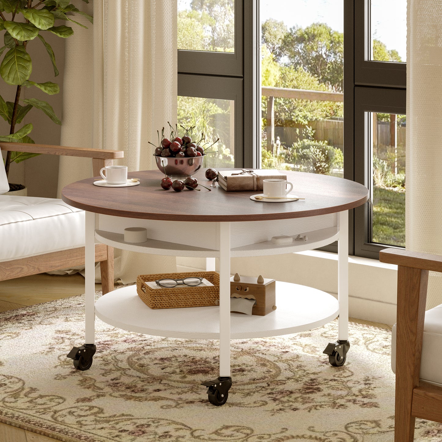 GUNAITO Round Lift Top Small Coffee Table on Wheels with Storage, Modern Farmhouse Center Table with Shelf Small Circle Table for Living Room, White
