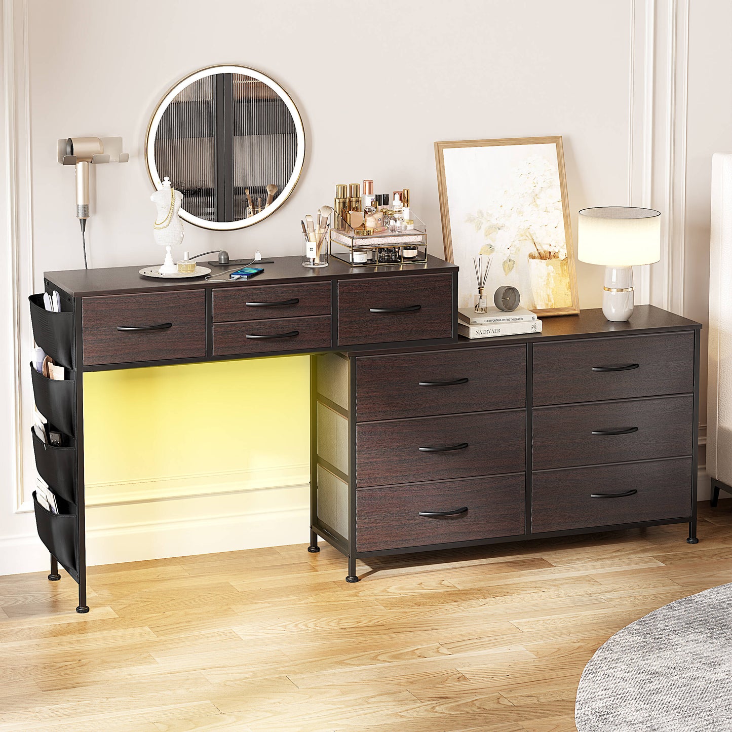 GUNAITO Dresser with Charging Station and LED Light Makeup Vanity with Fabric drawers Makeup Table with Side Pockets Corner Rotatable Vanity Desk for Bedroom Brown