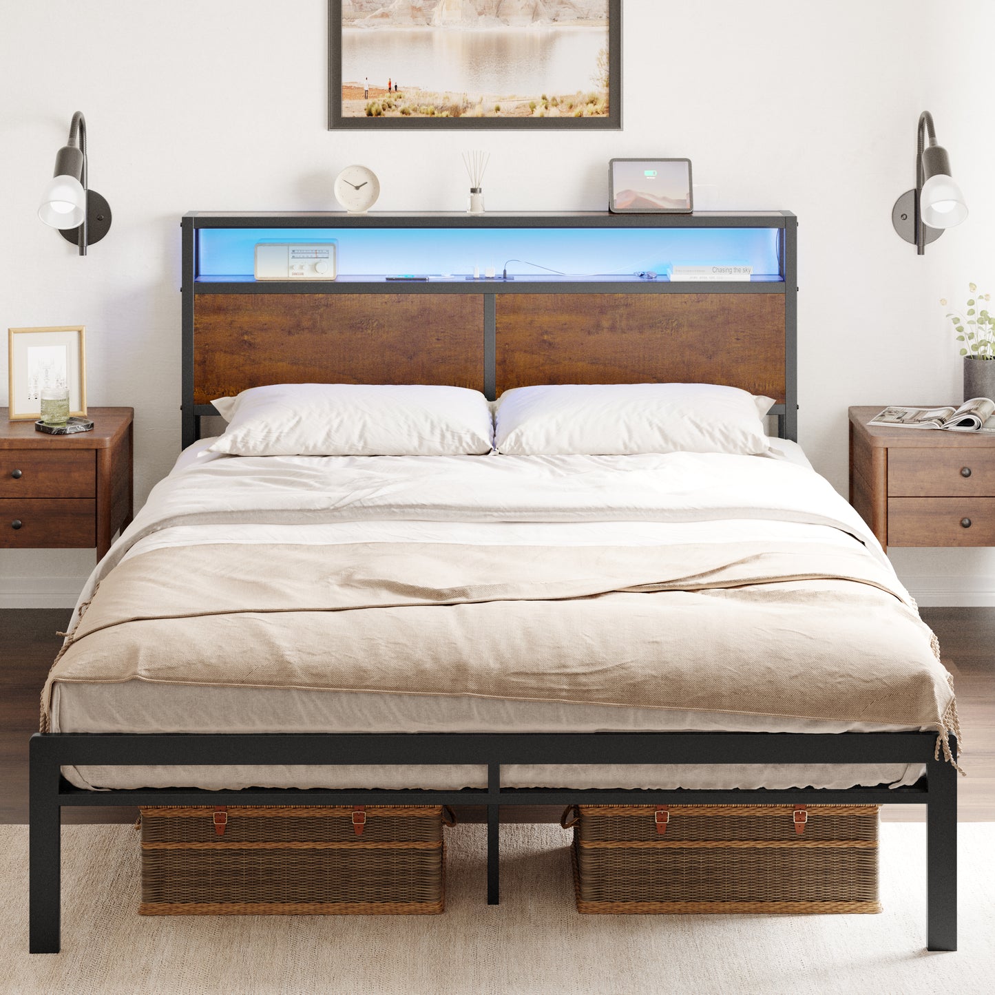 GUNAITO Queen Size Bed Frame with Wooden Headboard Metal Platform Bed Frame with LED Lights Charging Station Rustic Brown