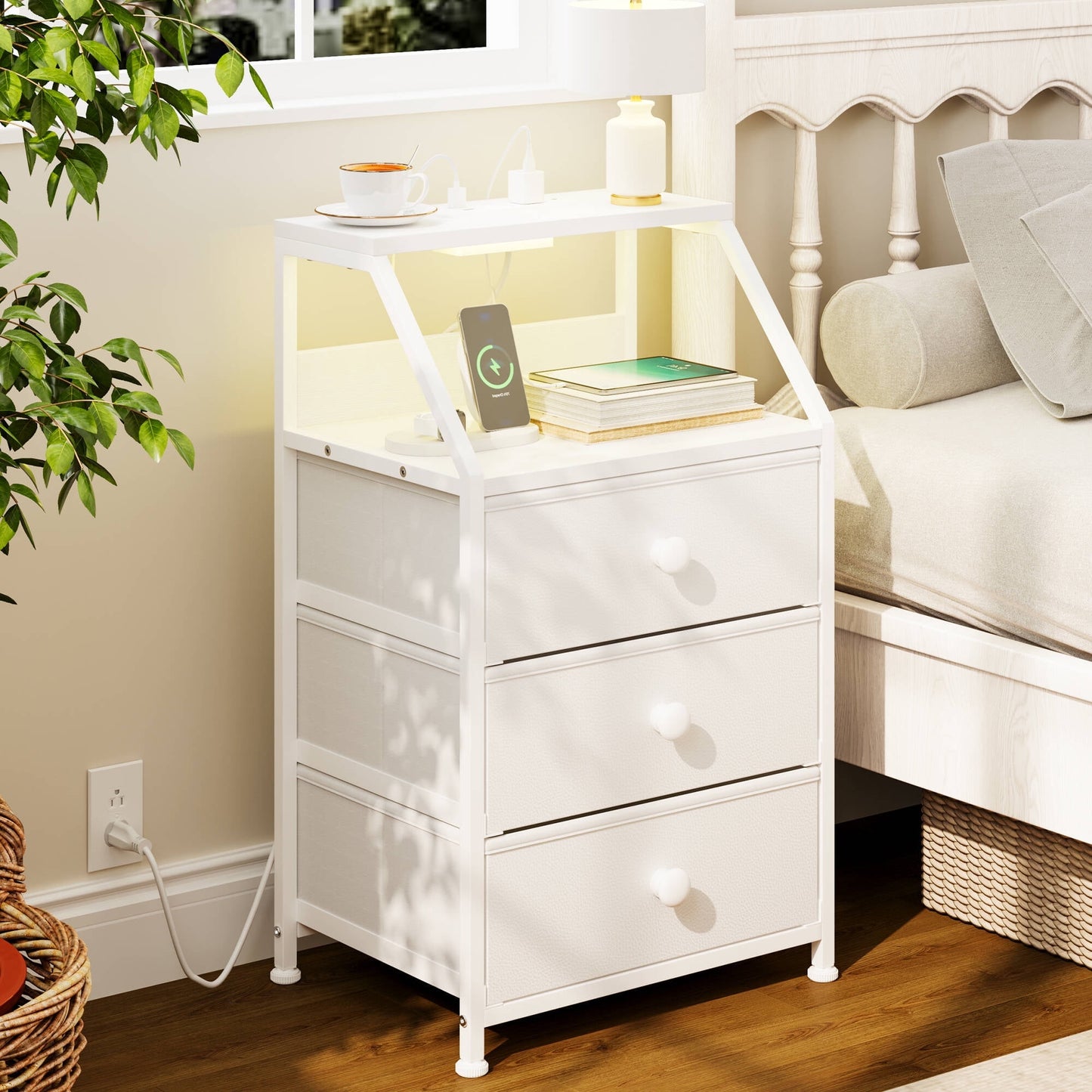 GUNAITO Led Nightstand with Charging Station Side Table with 3 Drawers End Table with Open Shelf Bedside Table with USB Ports and Outlets Nightstand for Bedroom,White