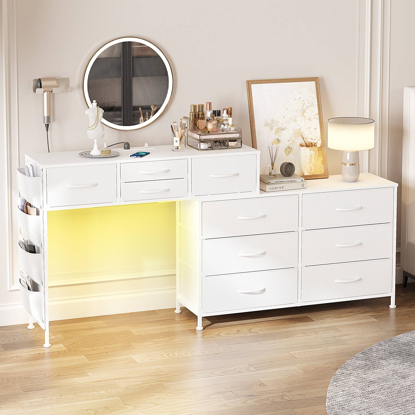 GUNAITO Dresser with Charging Station and LED Light Makeup Vanity with Fabric drawers Makeup Table with Side Pockets Corner Rotatable Vanity Desk for Bedroom White