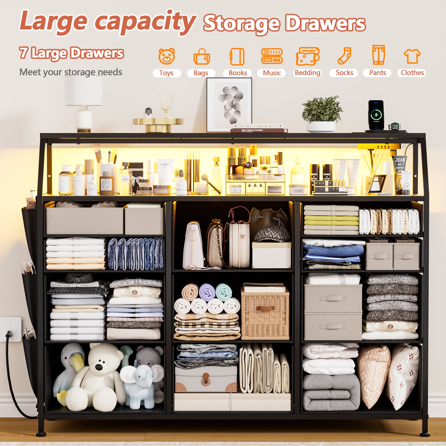 GUNAITO Dresser for Bedroom Black Fabric Dresser with 11 Drawers Long Dressers & Chests of Drawers for , Living Room,Entryway