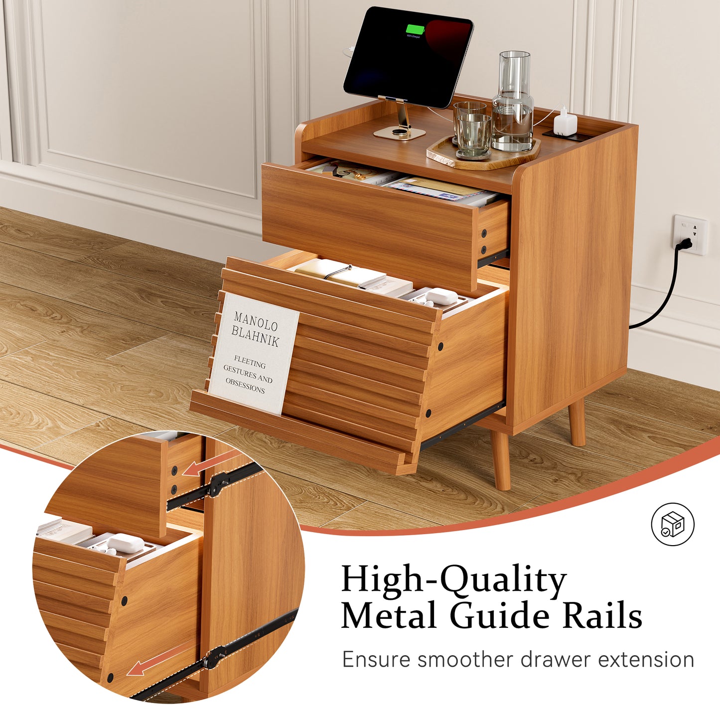 GUNAITO Nightstand set of 2 with Charging Station Bedside Table with LED Light Wood Nightstand with Wave Texture Drawers End Table with USB Ports and Outlets for Small Space Caramel 2pcs