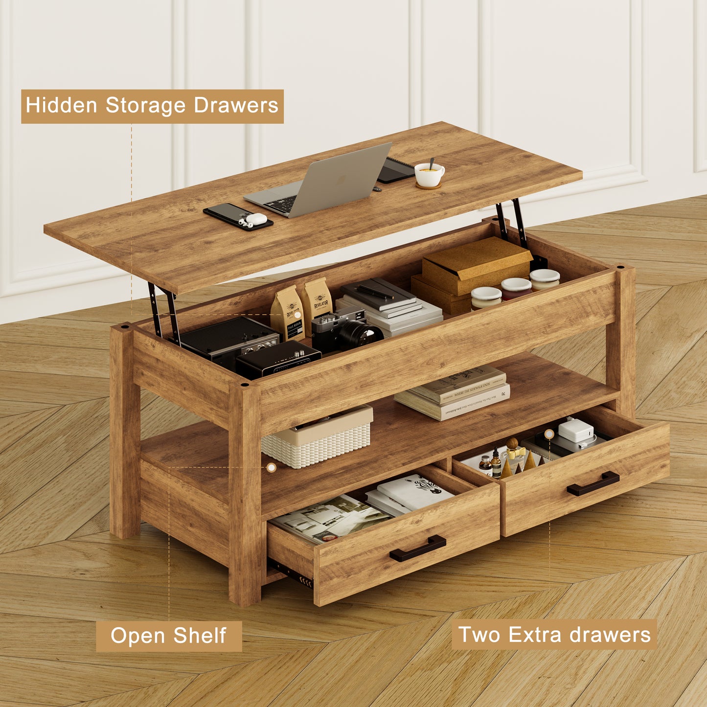 GUNAITO Lift Top Coffee Table with 2 drawers, Light Brown Wooden Convertible Coffee Table with Storage for Living Room, center Table, 42"