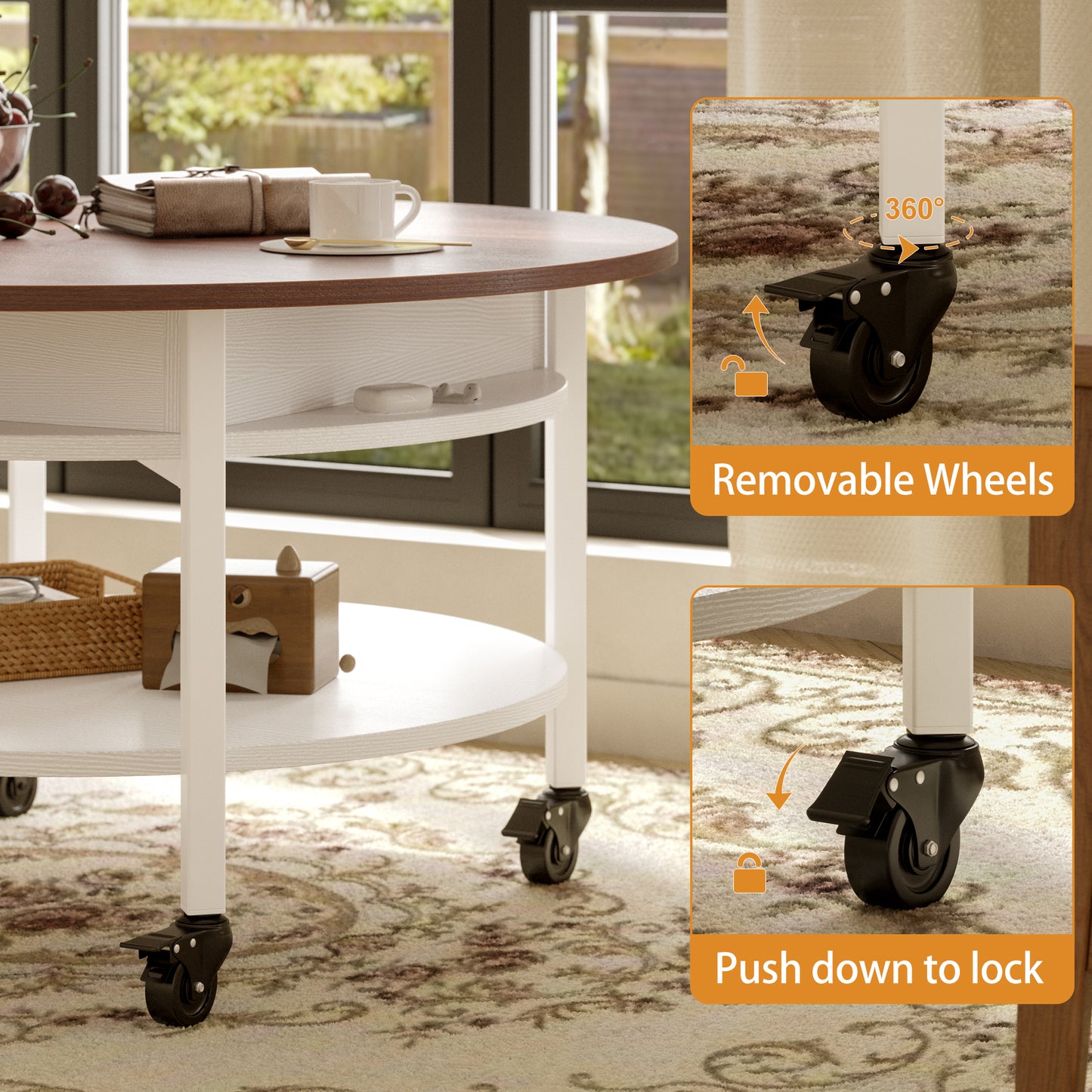 GUNAITO Round Lift Top Small Coffee Table on Wheels with Storage, Modern Farmhouse Center Table with Shelf Small Circle Table for Living Room, White