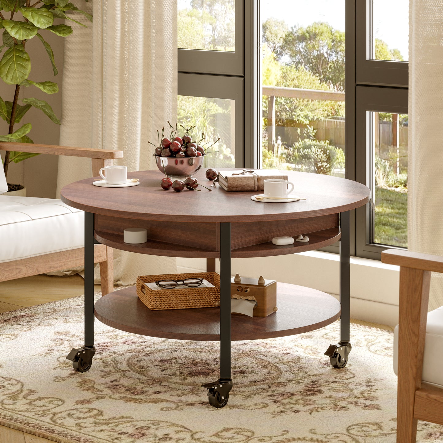 GUNAITO Round Lift Top Small Coffee Table on Wheels with Storage, Modern Farmhouse Center Table with Shelf Small Circle Table for Living Room, Walnut