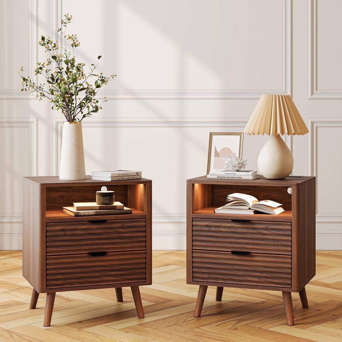 GUNAITO Fluted Nightstand Set of 2 for Bedroom with Charging Station Bedside Table with LED Light Wood Nightstand with Open Shelf and 2 Drawers Walnut