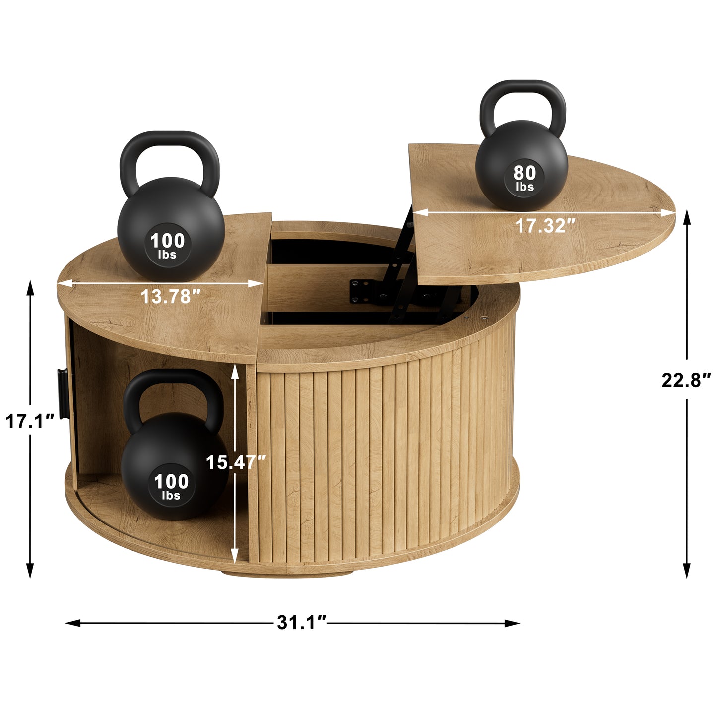 GUNAITO Round Lift Top Coffee Table with Storage and Sliding Door, Wooden Center Table for Living Room, Natural wood