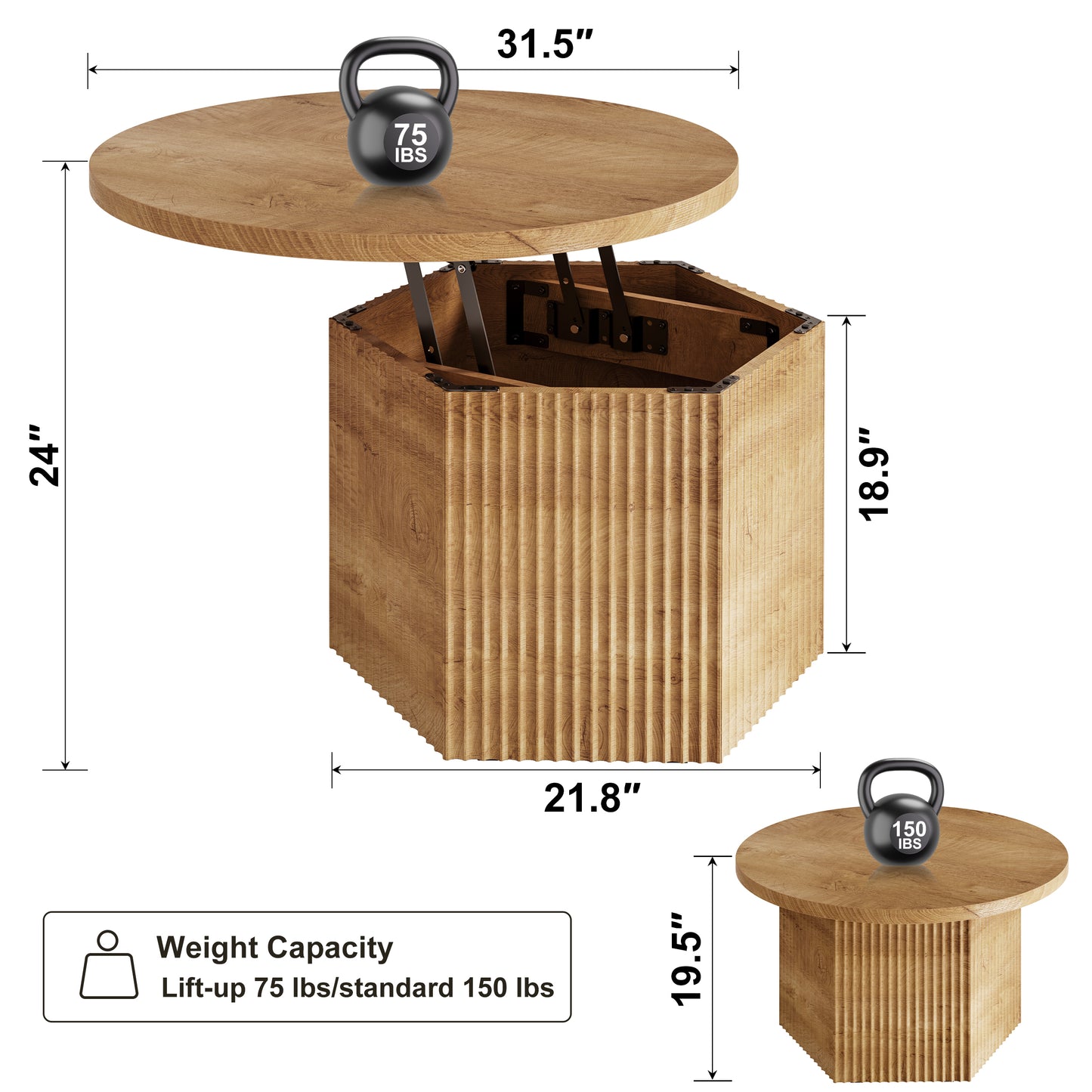 GUNAITO Round Lift Top Coffee Table with Storage, Modern Farmhouse Center Table for Living Room, Natural wood color