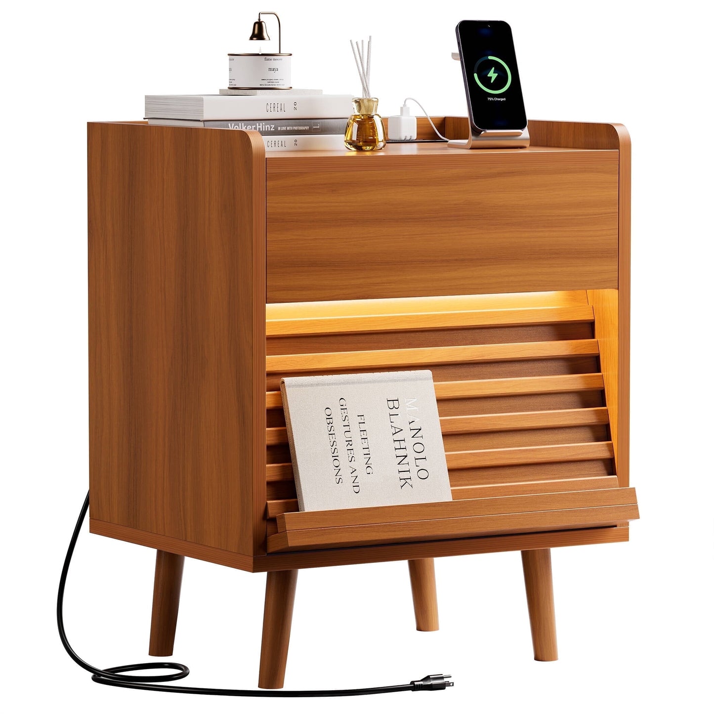 GUNAITO Nightstand with Charging Station Bedside Table with LED Light Wood Nightstand with Drawers End Table for Small Space Caramel 1pc