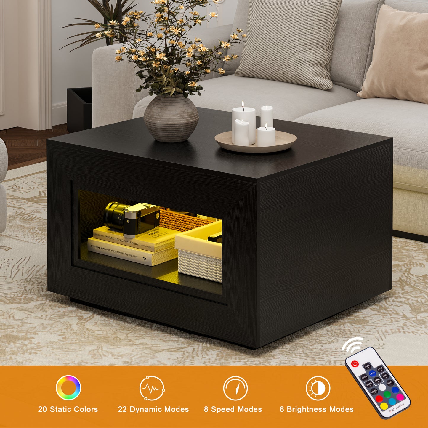 GUNAITO Lift Top Coffee Table with Storage, Wooden Convertible Coffee Table with LED Lights for Living Room, Square Center Table, Black