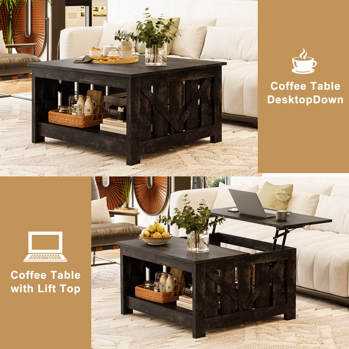 GUNAITO Lift Top Coffee Table with Storage Cabinet and 2 Compartments for Living Room, Black , 31.5''Hx31.5''W in