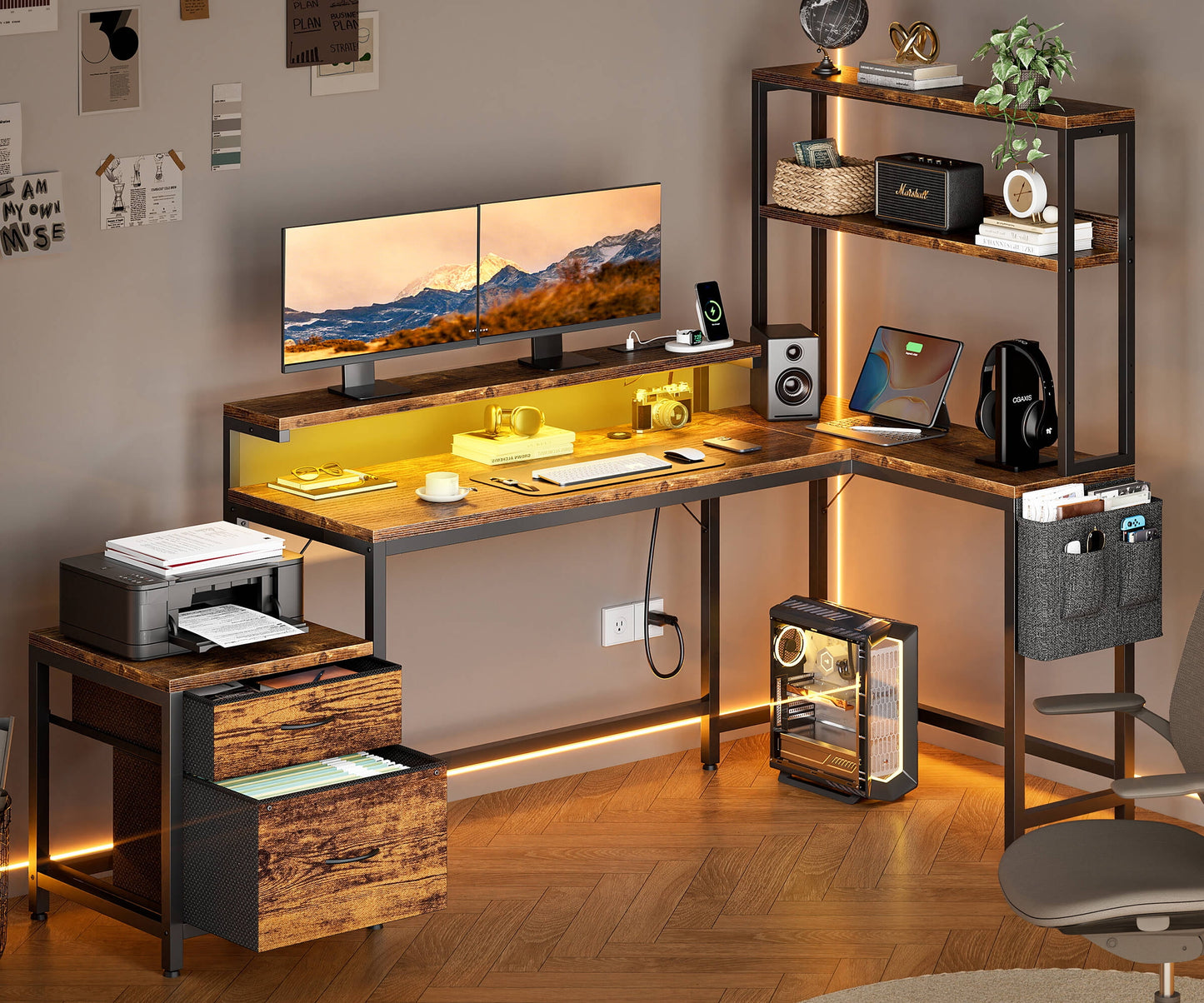 GUNAITO 71 inch Computer Desk L Shaped Gaming Desk with LED Light & Power Outlet Office Desk with File Drawers Cabinet,3-Tier Shelf,Storage Bag for Home Office,Brown