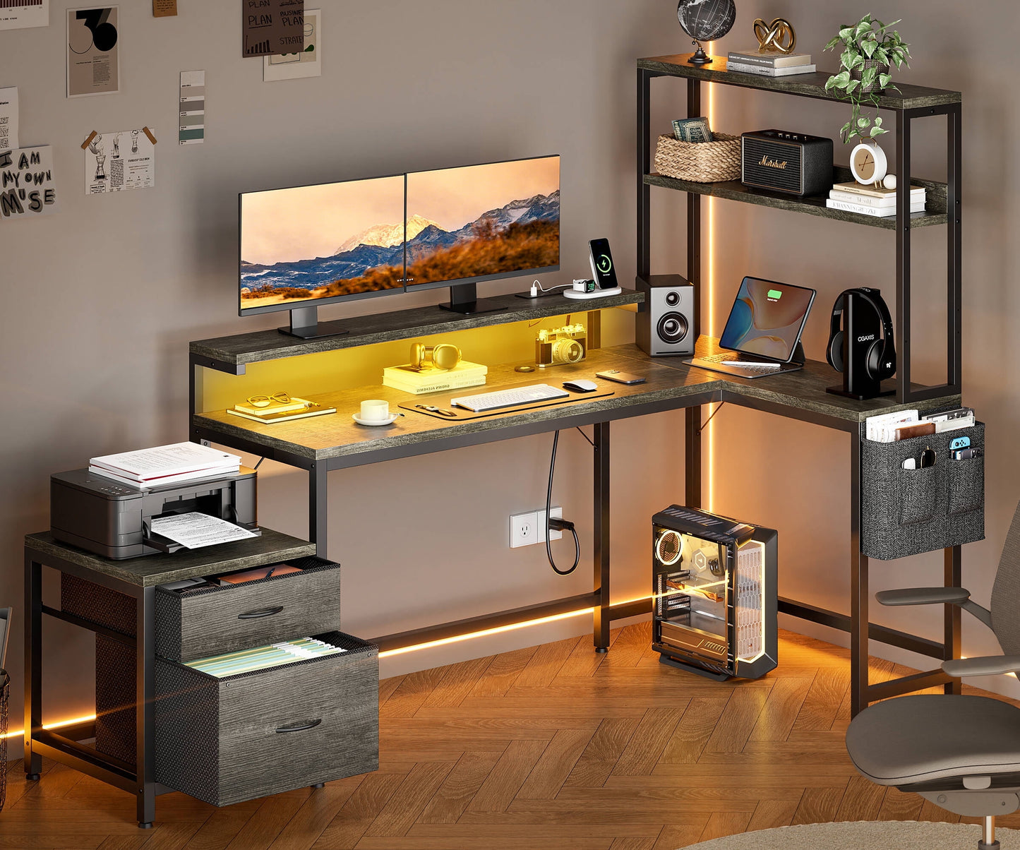 GUNAITO 71 inch Computer Desk L Shaped Gaming Desk with Power Outlet Office Desk with File Drawers Cabinet,3-Tier Shelf,Storage Bag for Home Office,Gray