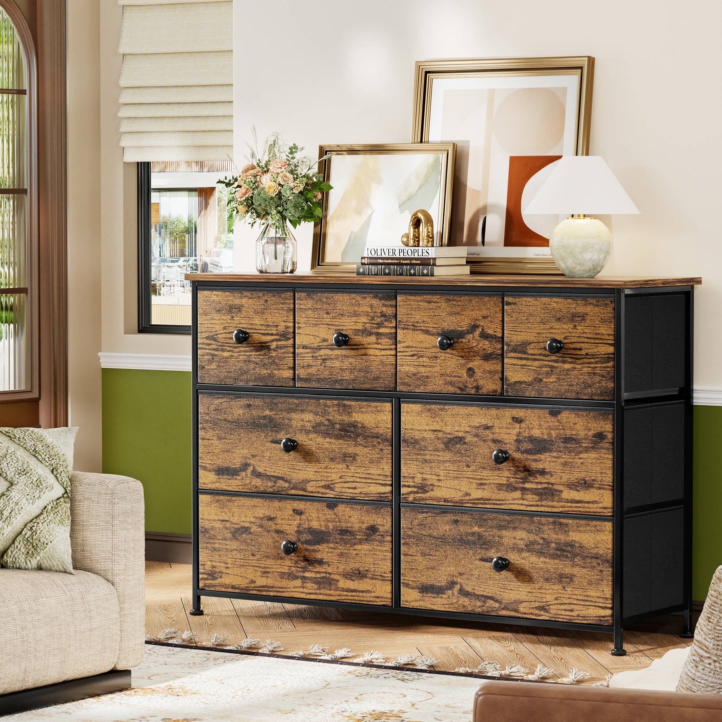 GUNAITO 8 Drawer Dresser for Bedroom Chest of Drawers Fabric Storage Bin,Rustic Brown