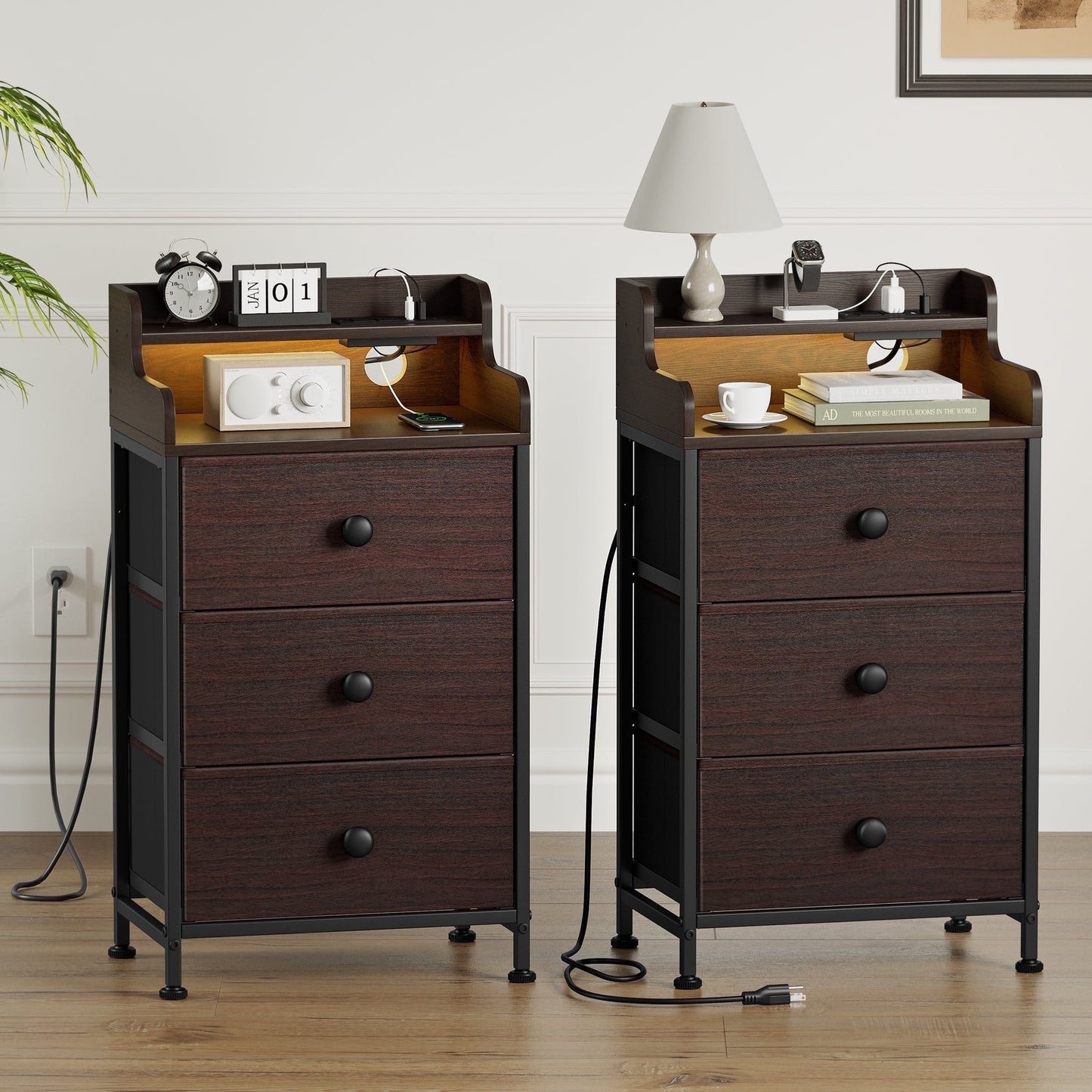 GUNAITO 3 Drawers Nightstand Set of 2 with Charging Station, Bedside Table with LED Light, Modern End Side Table for Bedroom Living Room£¬Brown