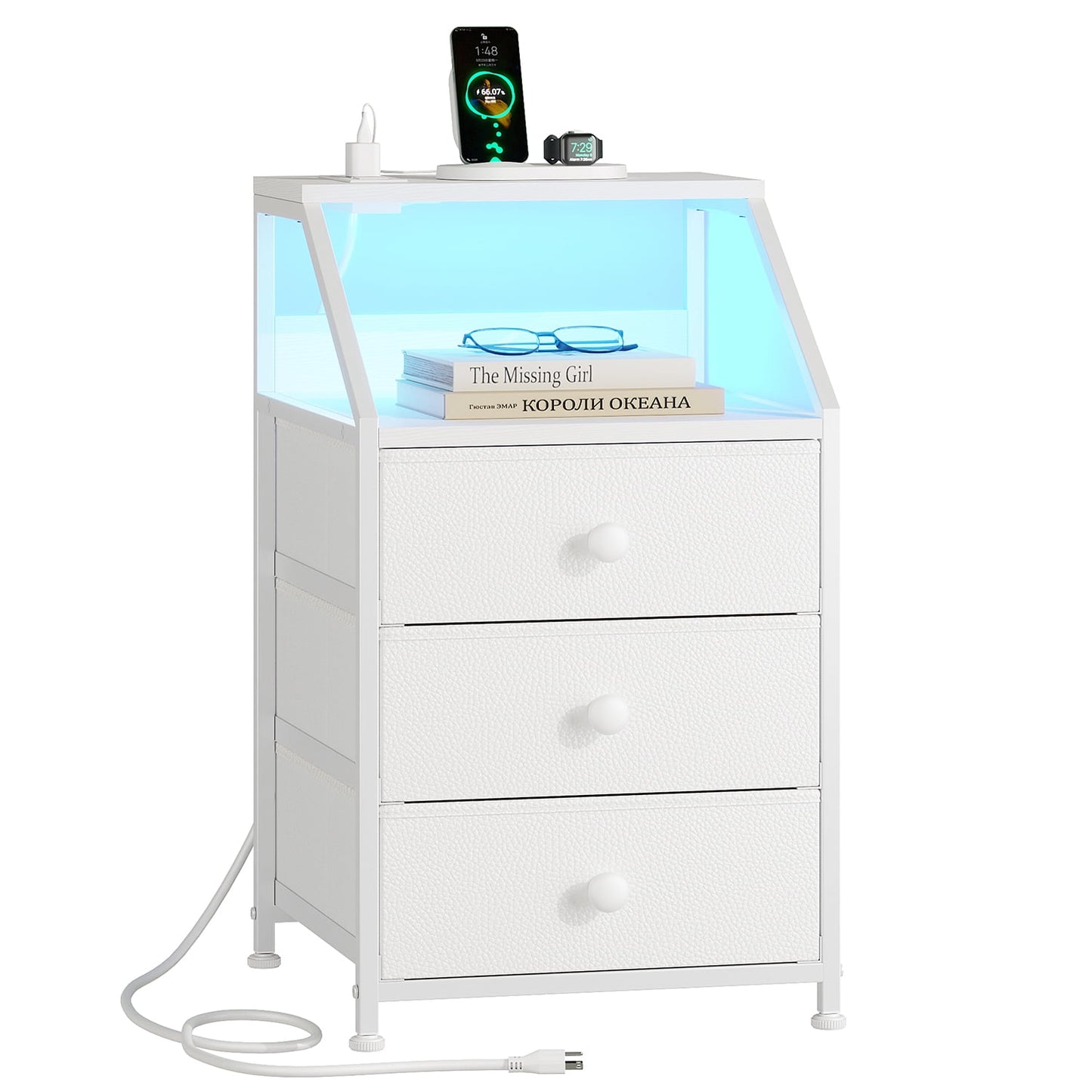 GUNAITO Nightstand with Charging Station Side Table with 3 Drawers End Table with Open Shelf Bedside Table with USB Ports and Outlets Nightstand for Bedroom,White