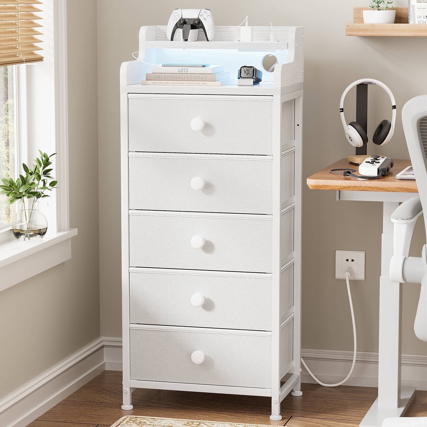GUNAITO Led Dresser for Bedroom with 5 Drawers Tall Narrow Chest of Drawers Fabric Storage Dresser for Adults,White