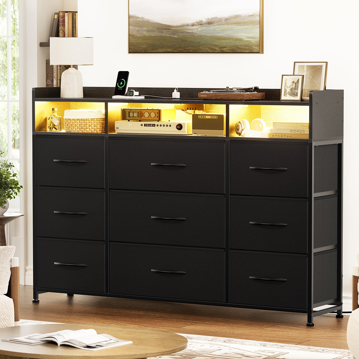 GUNAITO Fabric Storage Dresser with 9 Drawers, Steel Frame and Wooden Top for Bedroom, Closet, Entryway and Nursery,Black