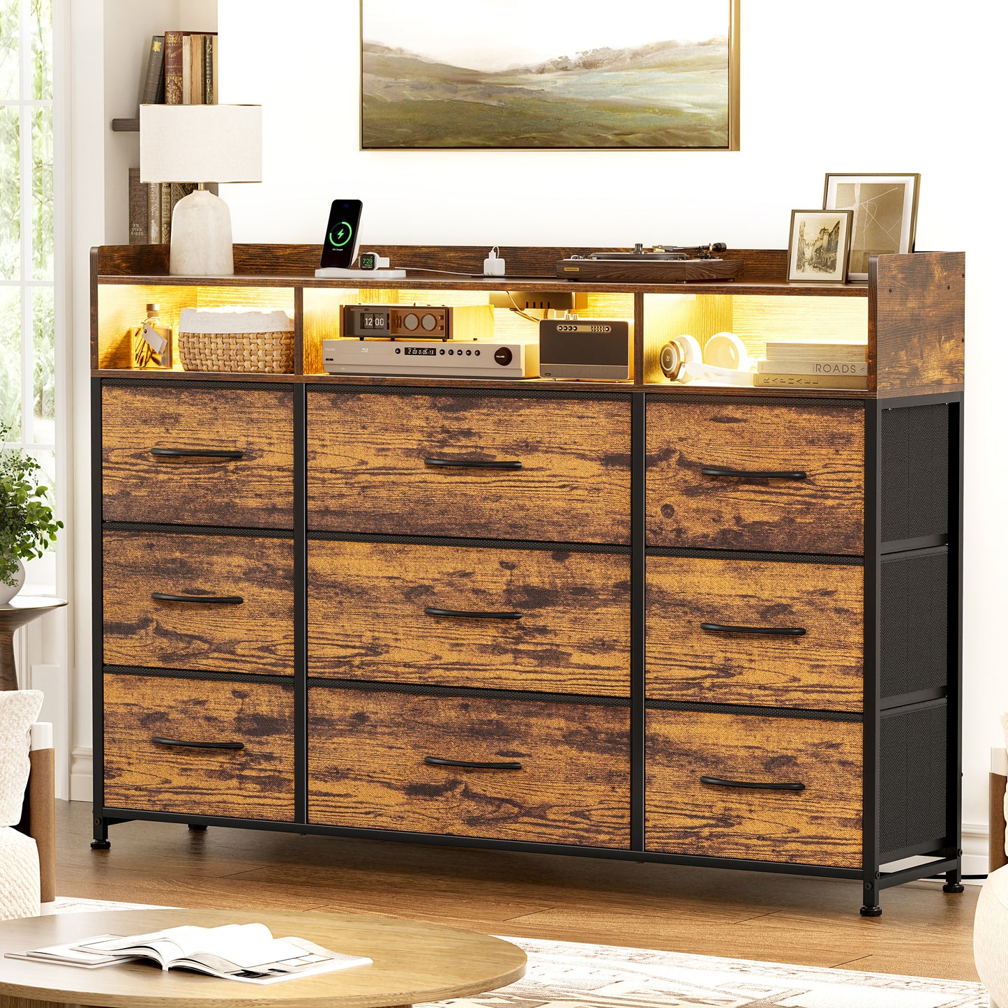 GUNAITO Fabric Storage Dresser with 9 Drawers, Steel Frame and Wooden Top for Bedroom, Closet, Entryway and Nursery, Rustic Brown