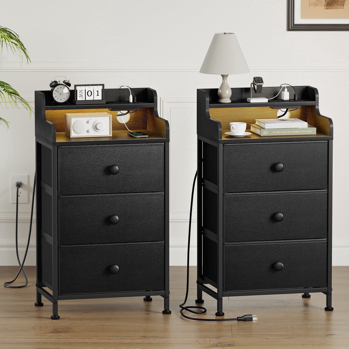 GUNAITO 3 Drawers Nightstand Set of 2 with Charging Station, Bedside Table with LED Light, Modern End Side Table for Bedroom Living Room£¬Black
