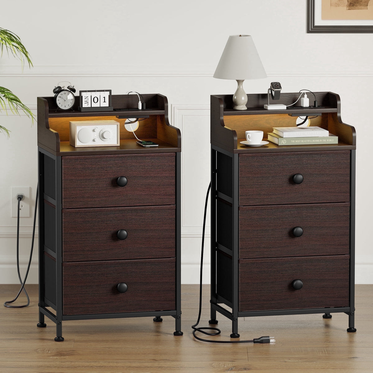 GUNAITO 3 Drawers Nightstand Set of 2 with Charging Station, Bedside Table with LED Light, Modern End Side Table for Bedroom Living Room£¬Brown