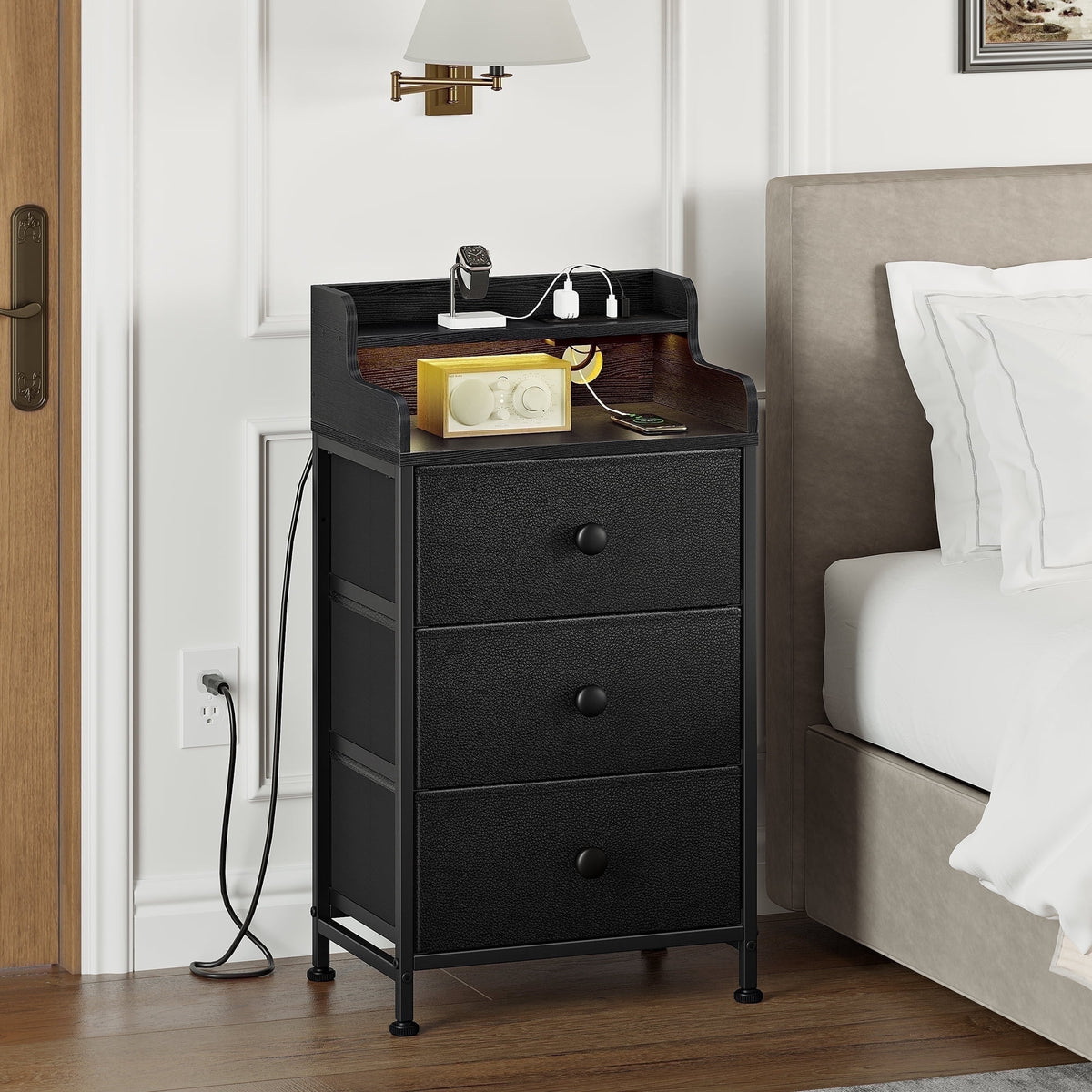 GUNAITO 3 Drawers Nightstand with Charging Station, Bedside Table with LED Light, Modern End Side Table for Bedroom Living Room,Black