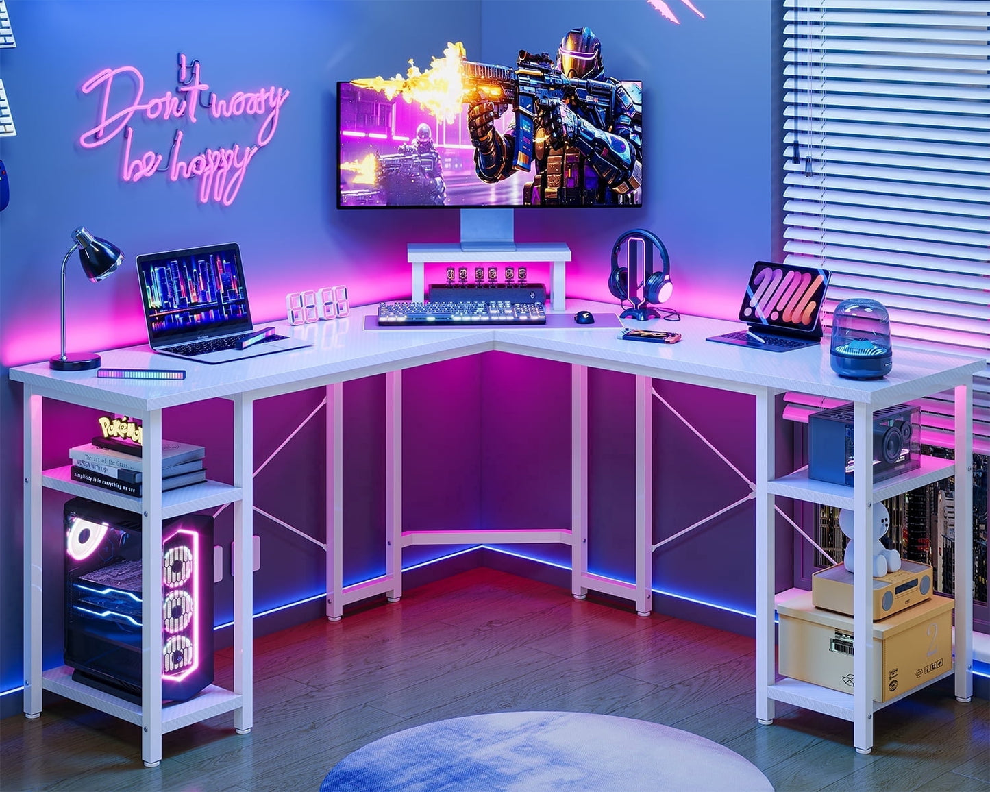 GUNAITO 47" Gaming Desk with LED Lights & Power Outlet, Computer desk with Glass Storage Shelves & Computer Holder, Carbon Fiber Black