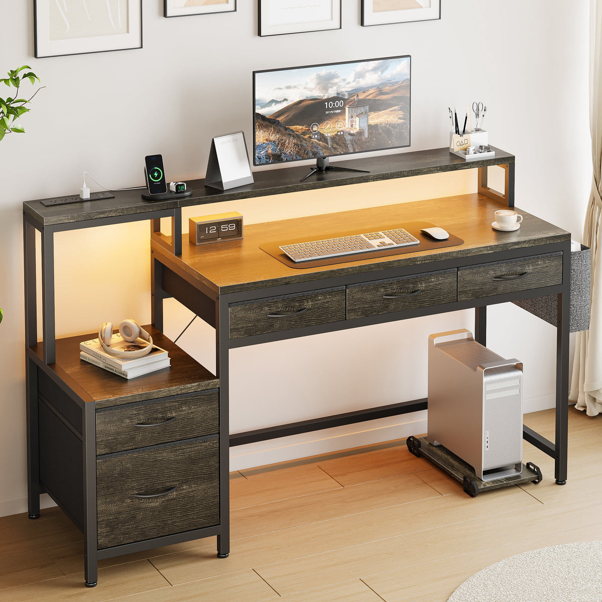 GUNAITO 60 inch Gaming Desk with 5 Fabric Drawers & Storage Shelves, Computer Desk with LED Lights & Charging Station,Gray