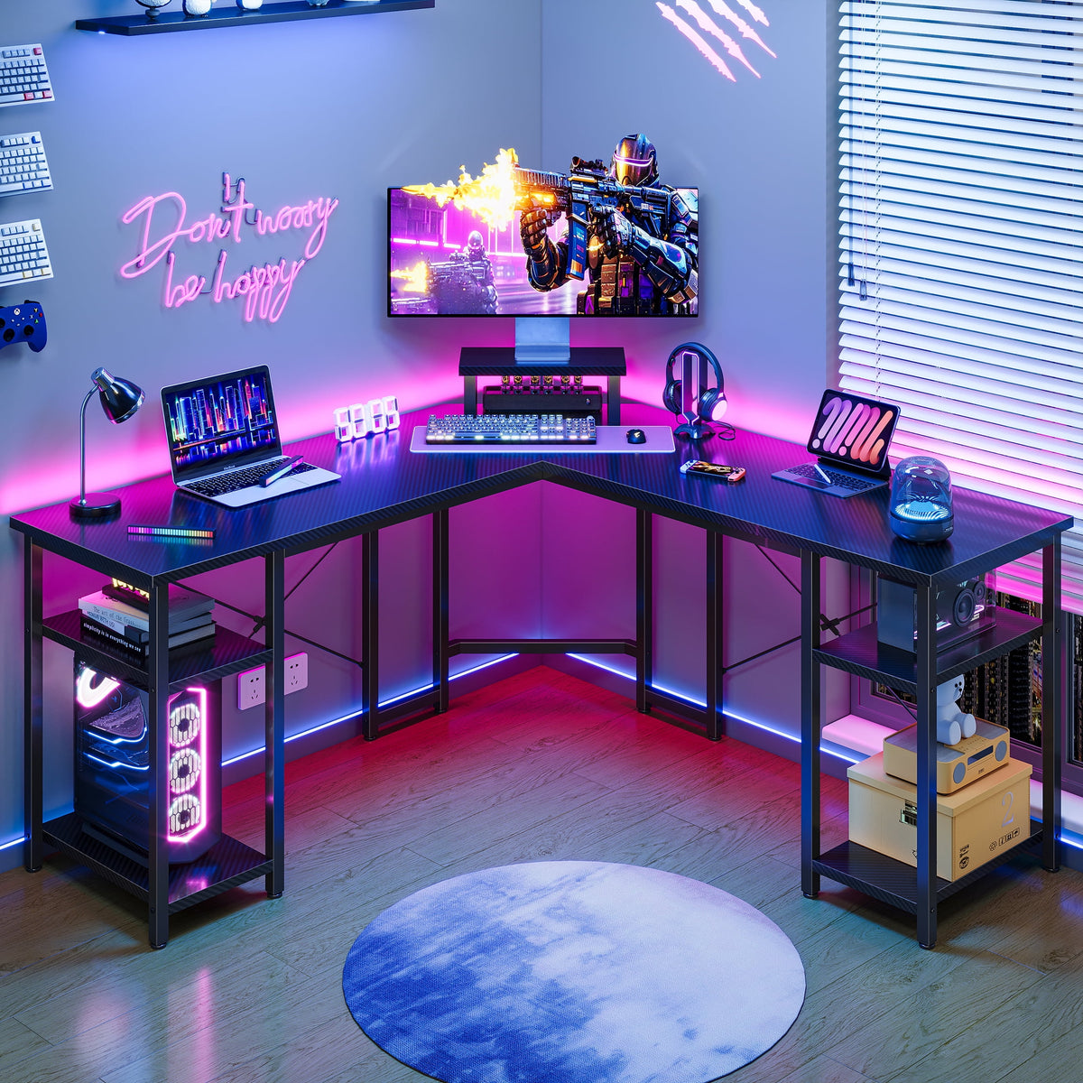 GUNAITO L Shaped Gaming Desk with CPU Stand, 61" Modern Corner Computer Desk,Reversible Office Desk 4-Tier Shelf,Carbon Fiber Black
