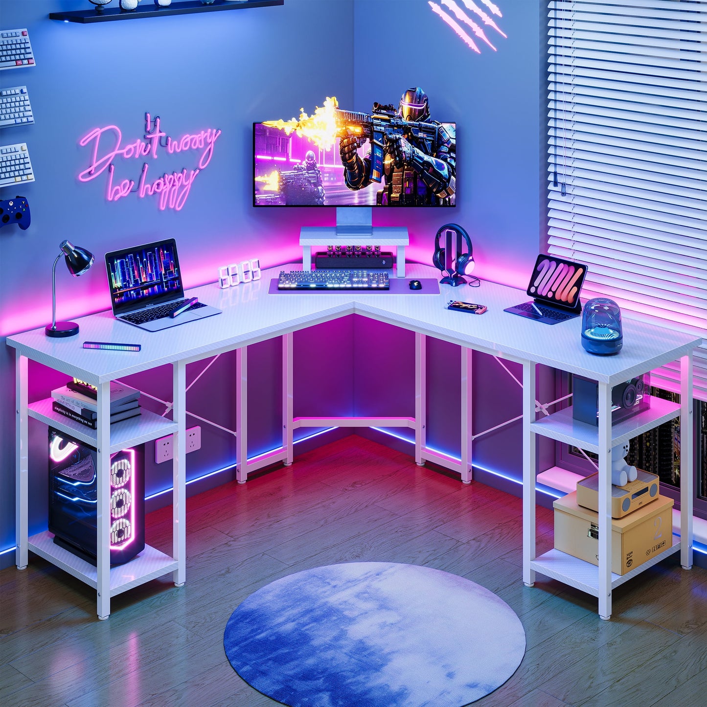 GUNAITO L Shaped Gaming Desk with CPU Stand, 61" Modern Corner Computer Desk,Reversible Office Desk 4-Tier Shelf,Carbon Fiber White