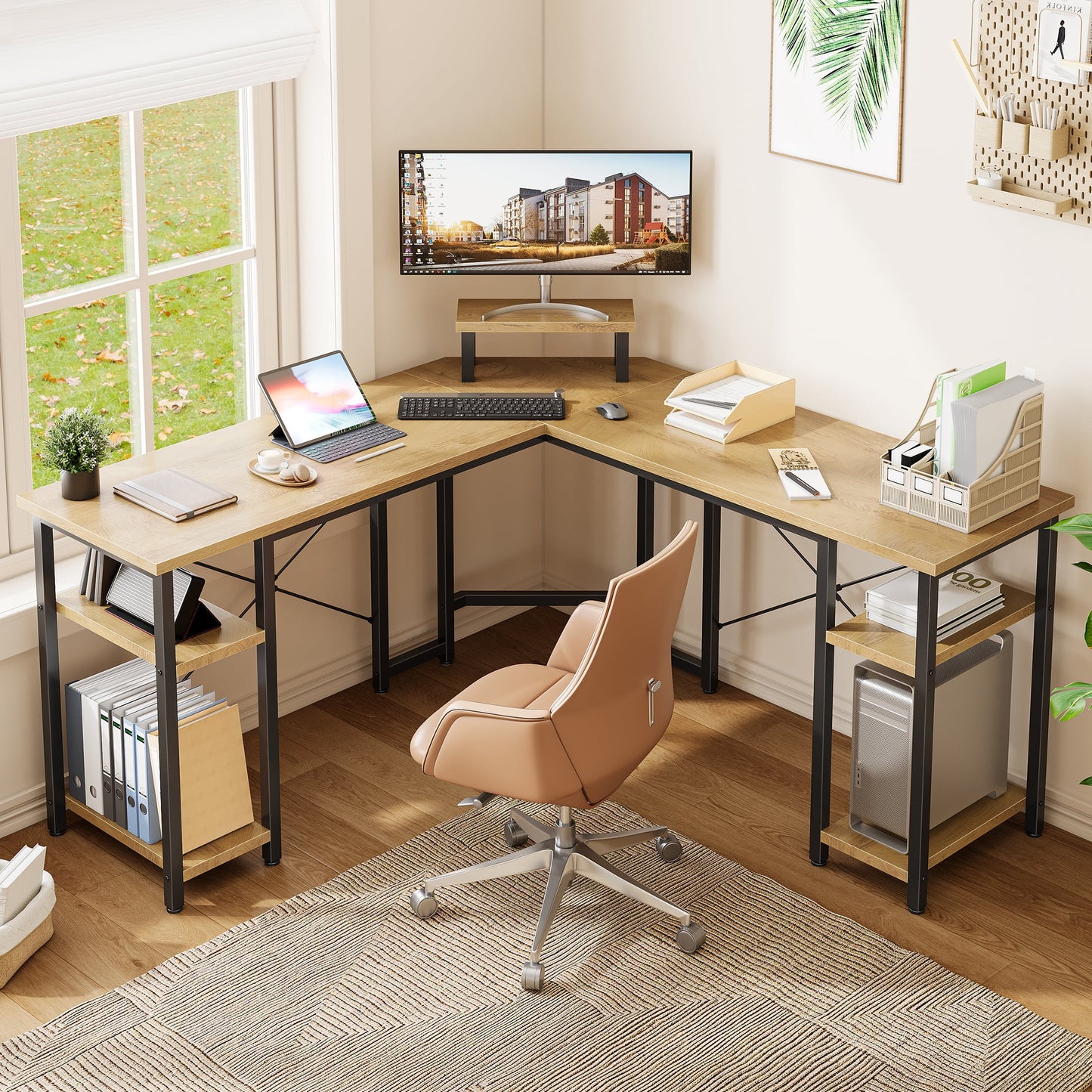 GUNAITO L Shaped Gaming Desk with CPU Stand, 61" Modern Corner Computer Desk,Reversible Office Desk 4-Tier Shelf,Natural Wood