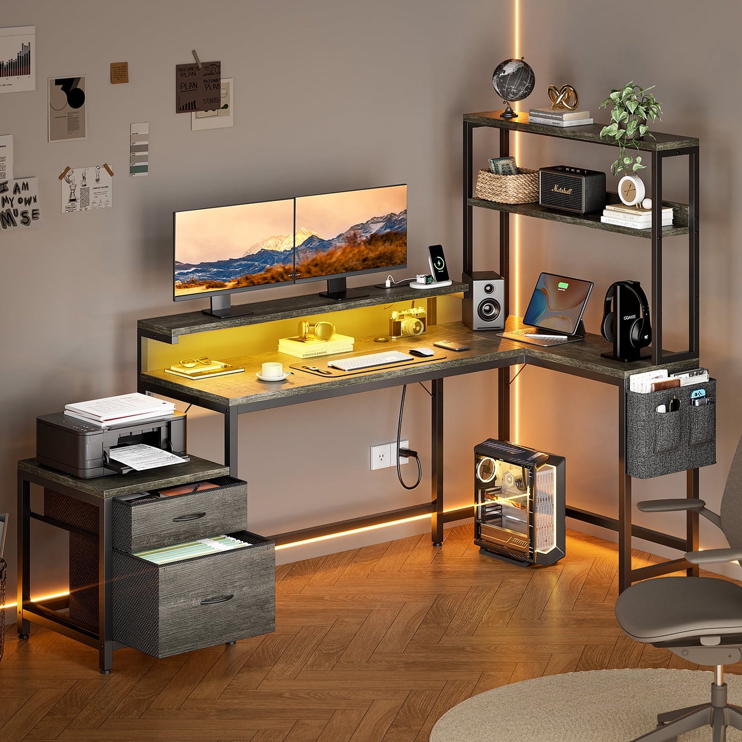 GUNAITO L Shaped Gaming Desk with CPU Stand, 71" Corner Computer Desk,Reversible Office Desk with File Drawers Cabinet,3-Tier Shelf,Gray