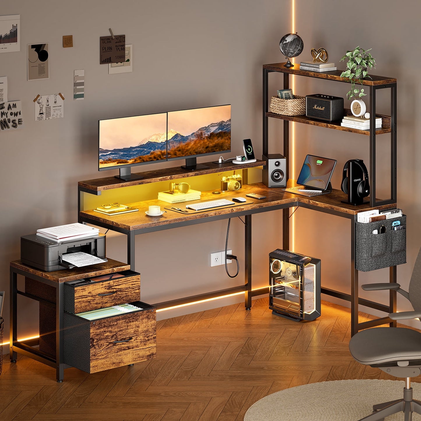GUNAITO L Shaped Gaming Desk with CPU Stand, 71" Corner Computer Desk,Reversible Office Desk with File Drawers Cabinet,3-Tier Shelf,Rustic Brown