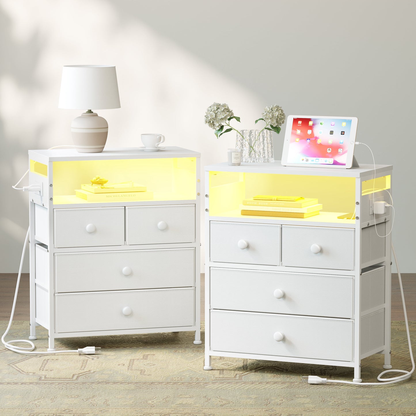 GUNAITO Led Nightstand Set of 2 with 4 Drawers Bedside Table with Charging Station Wide End Table with Storage Shelf for Living Room,White