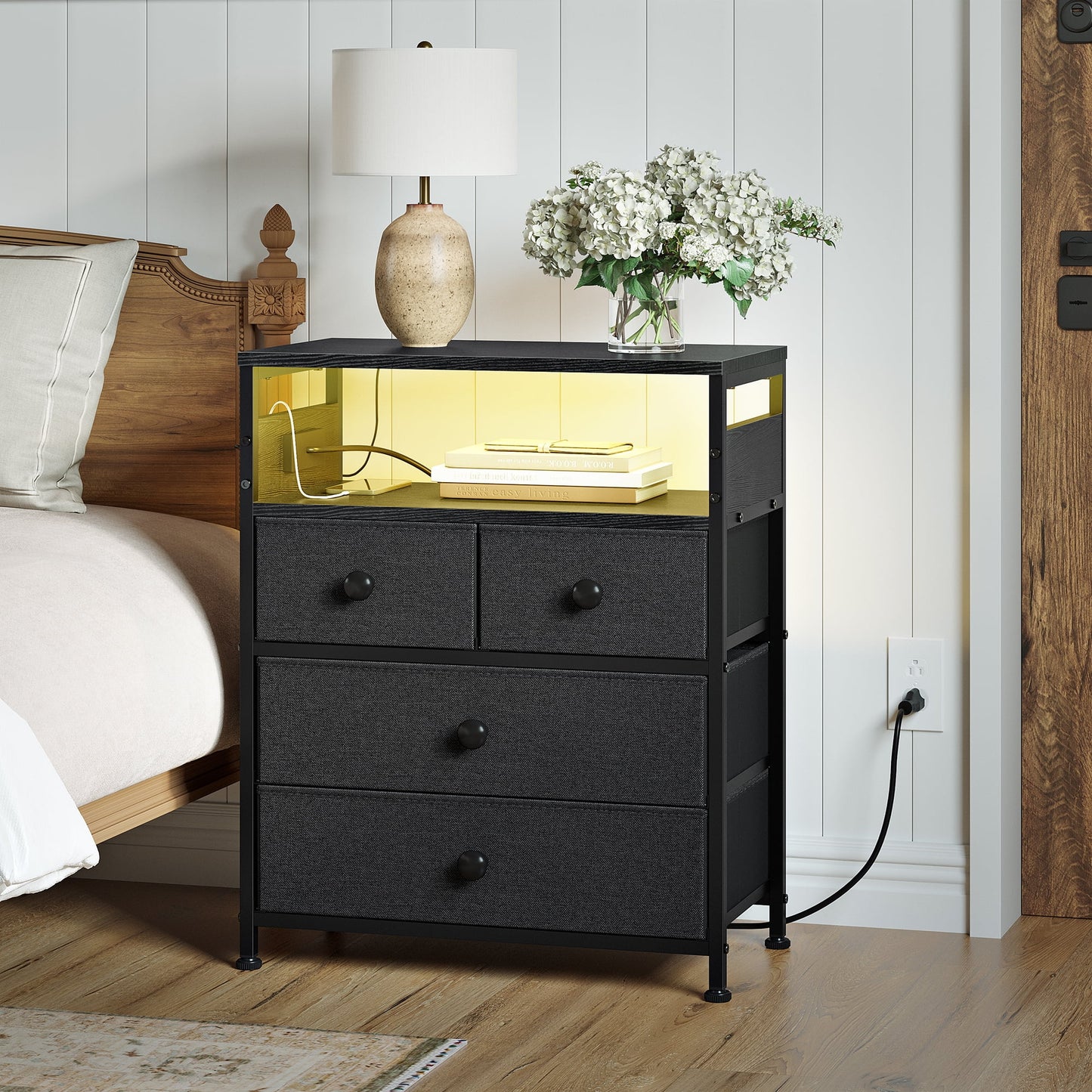 GUNAITO Led Nightstand with 4 Drawers Bedside Table with Charging Station Wide End Table with Storage Shelf for Living Room,Gray