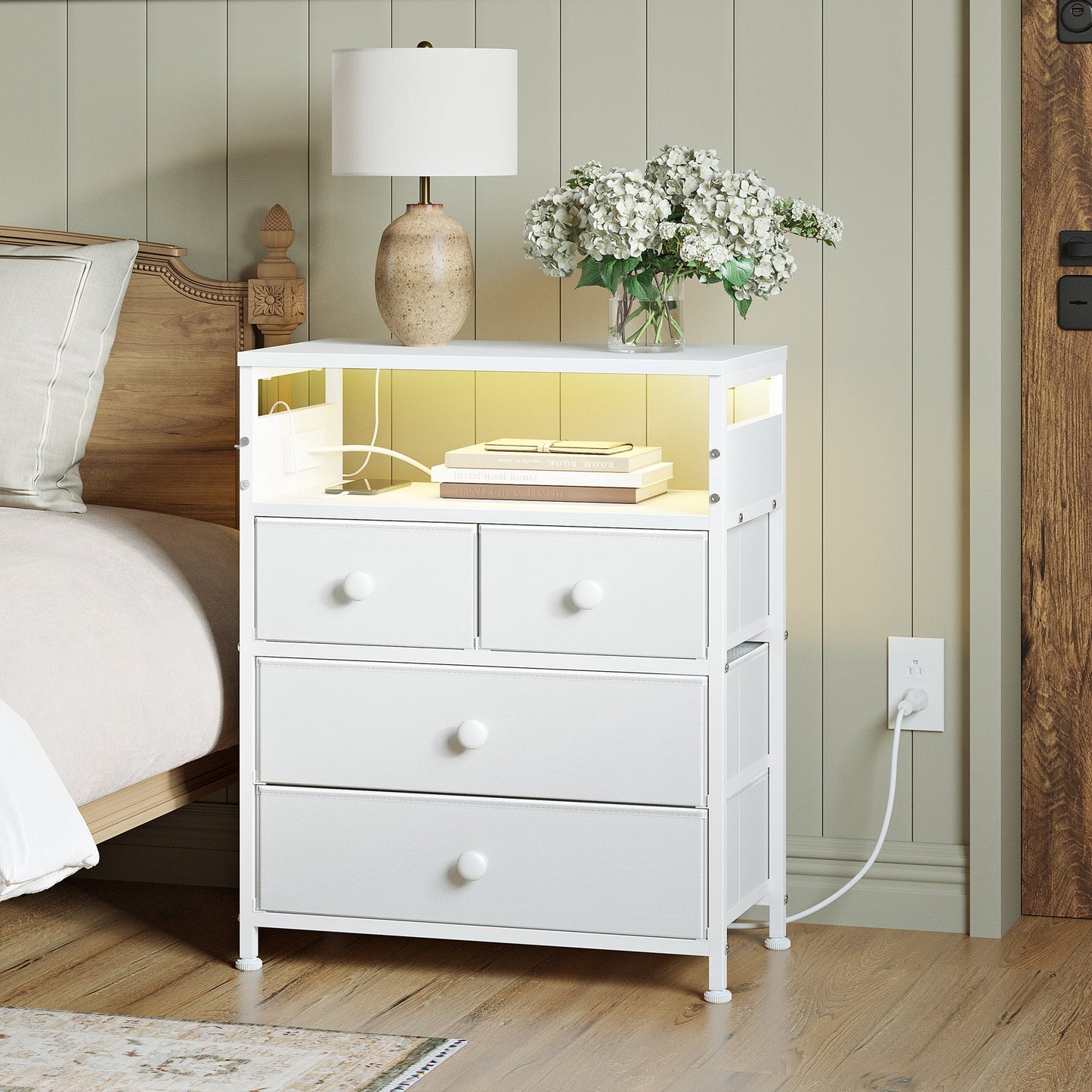 GUNAITO Led Nightstand with 4 Drawers Bedside Table with Charging Station Wide End Table with Storage Shelf for Living Room,White