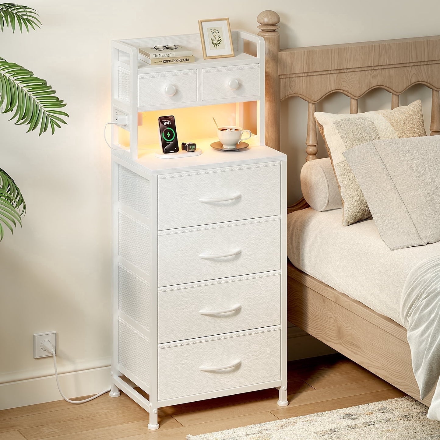 GUNAITO Nightstand with Charging Station and LED Light Bedside Table with Fabric Drawers and Storage Shelf Tall Nightstand for Bedroom Living Room Small Spaces White
